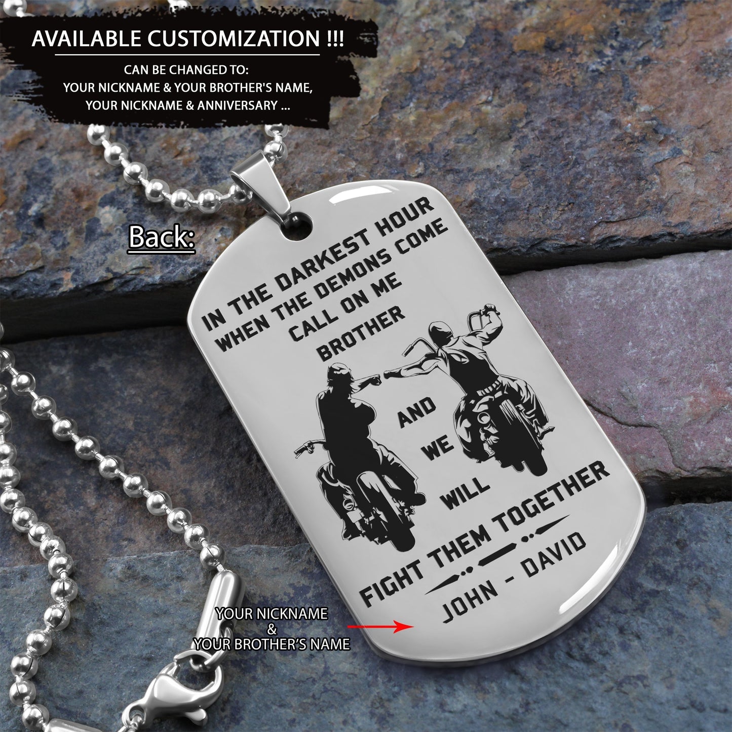 Viking Customizable engraved brother dog tag gift from brother, In the darkest hour, When the demons come call on me brother and we will fight them together
