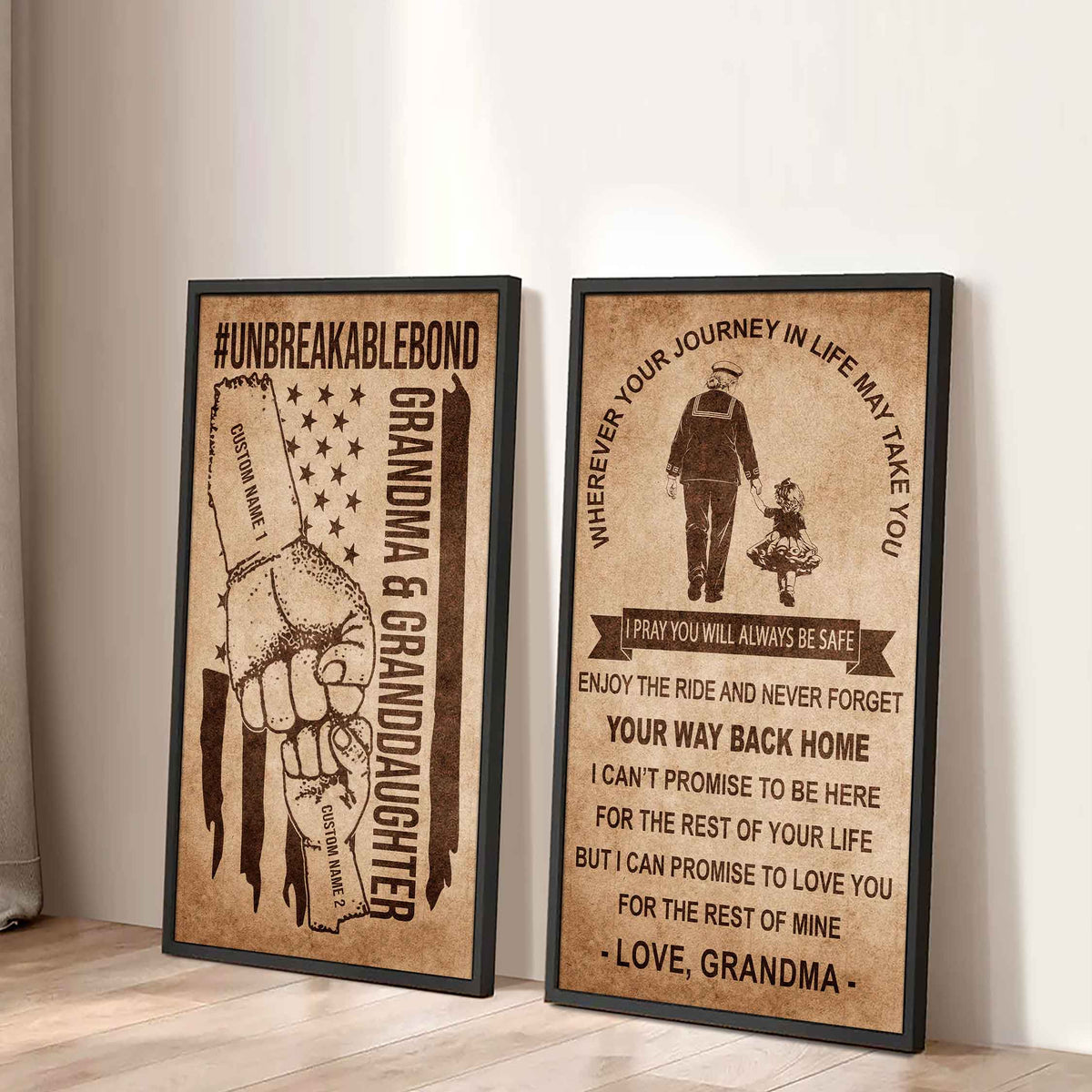 Grandma And Granddaughter UnBreakable Bond - 2 Piece Canvas Wall Art Black Floating Frame - Never Forget Your Way Back Home
