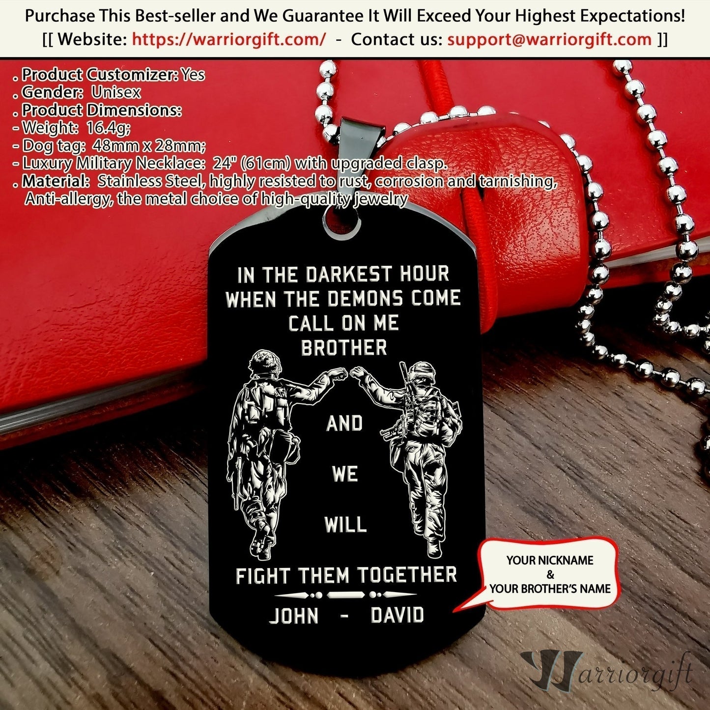 Customizable engraved dog tag gift from brother, In the darkest hour, When the demons come call on me brother and we will fight them together