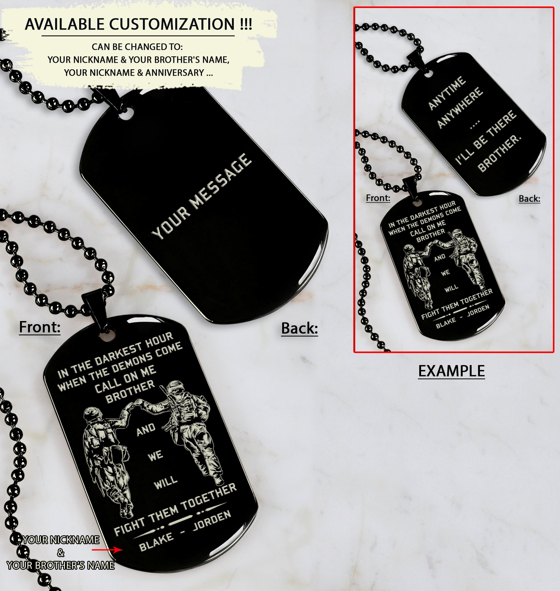 Customizable engraved dog tag double sided with your message on the back, gift from brother, In the darkest hour, When the demons come call on me brother and we will fight them together, brother forever