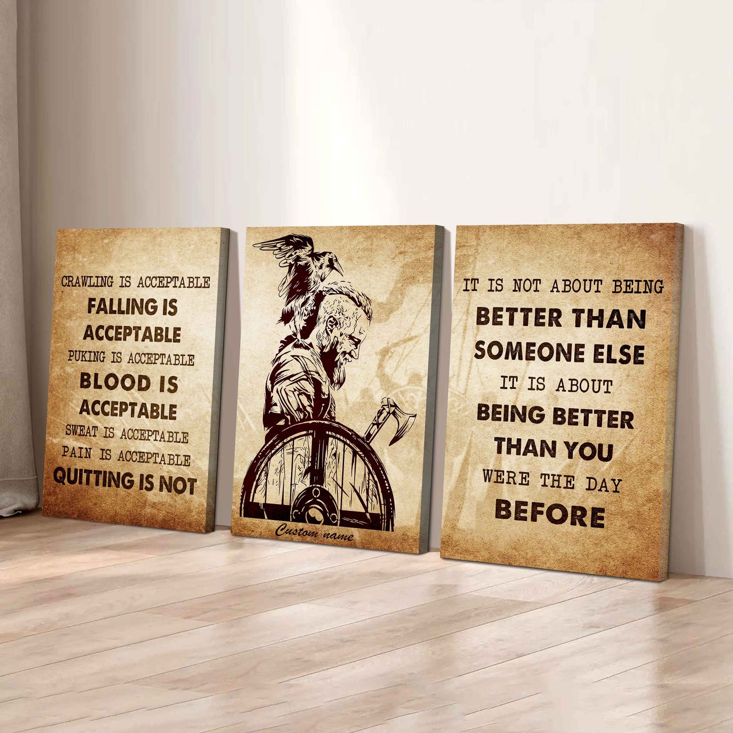 No Quitting – Soldier Warrior Mindset | 3-Piece Motivational Canvas Wall Art