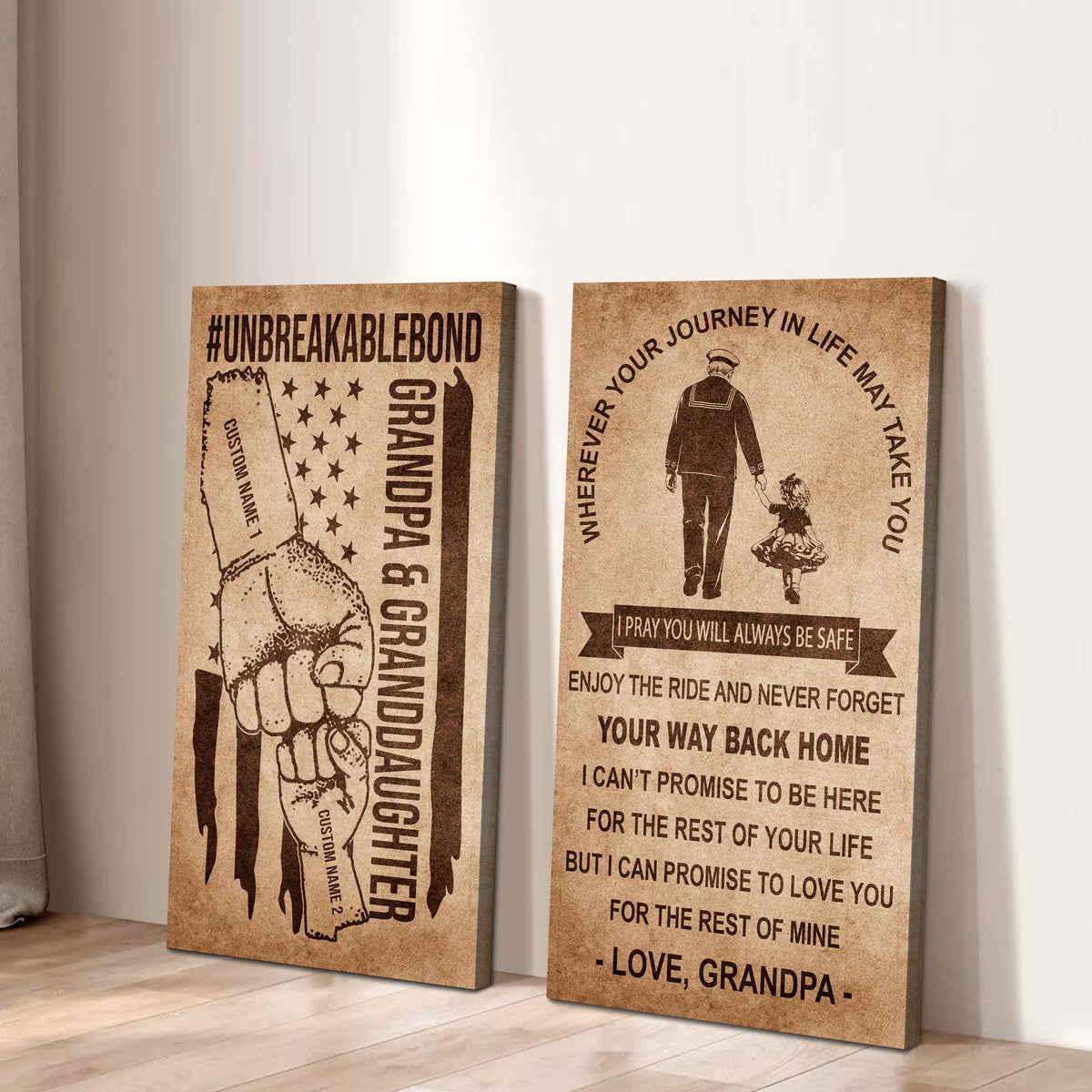 Grandpa And Granddaughter UnBreakable Bond - 2 Piece Canvas Wall Art Black Floating Frame - Never Forget Your Way Back Home