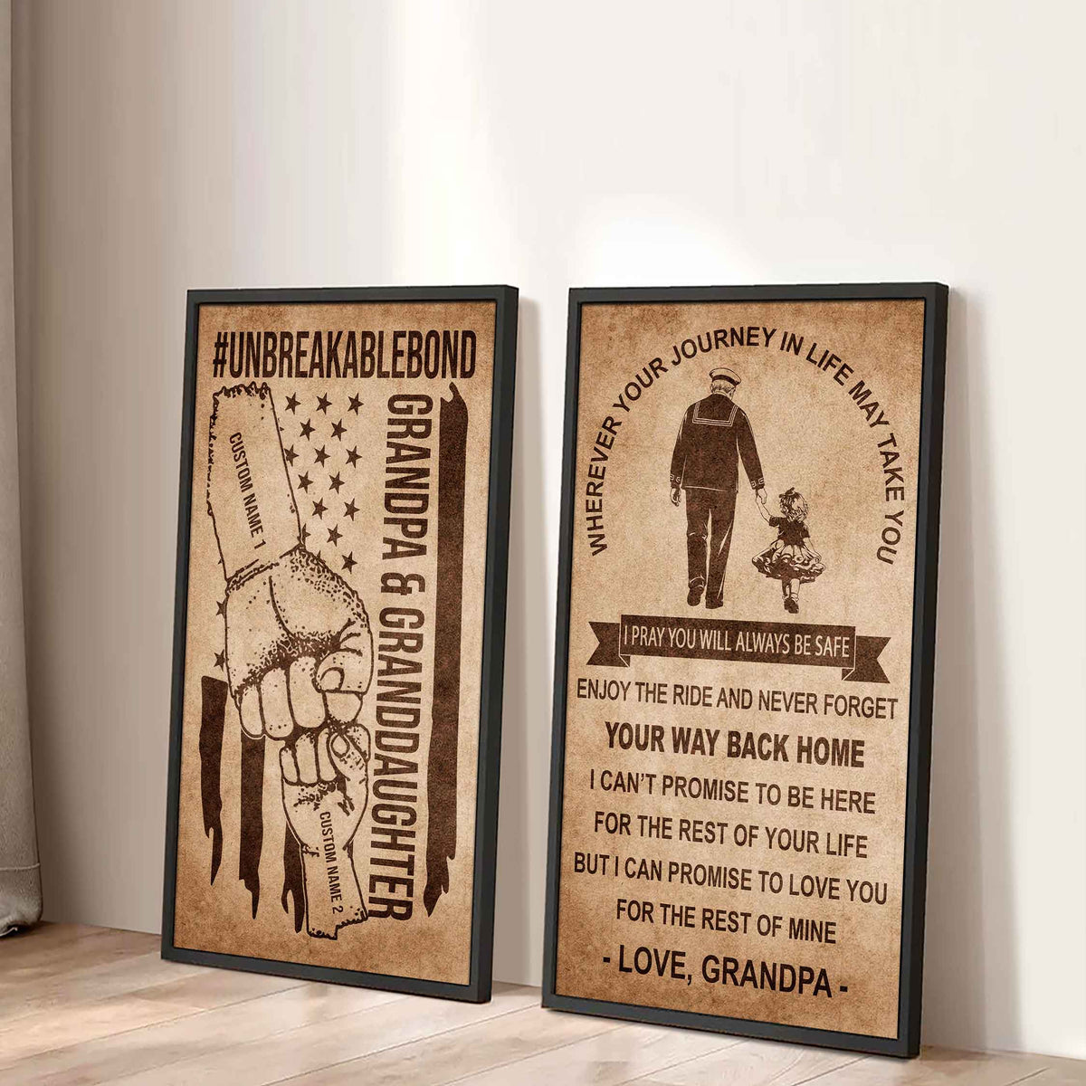 Grandpa And Granddaughter UnBreakable Bond - 2 Piece Canvas Wall Art Black Floating Frame - Never Forget Your Way Back Home