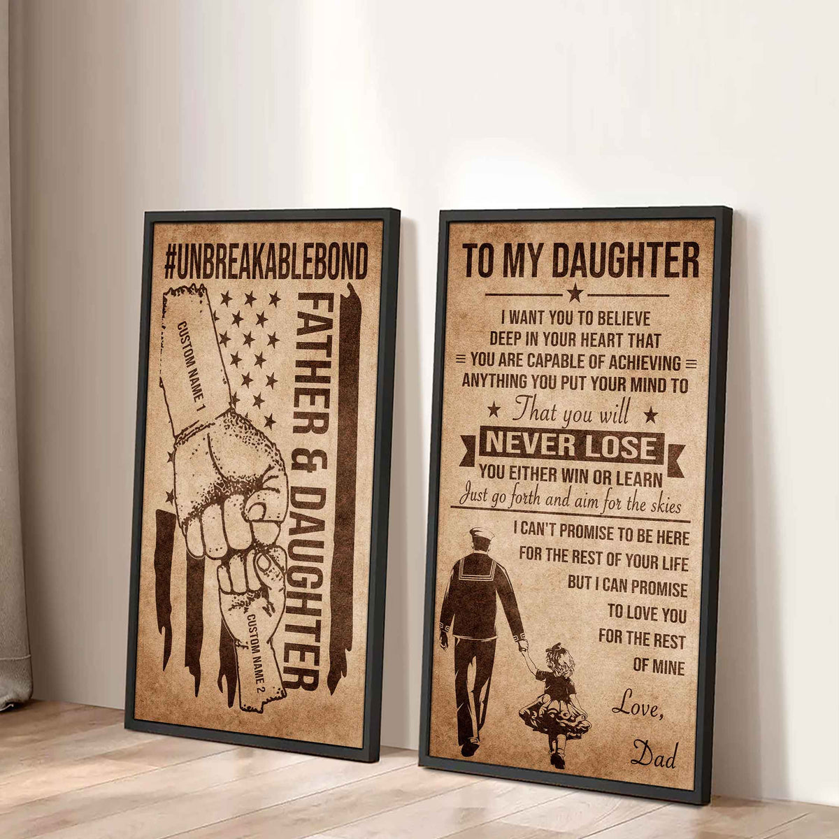Father And Daughter UnBreakable Bond - 2 Piece Canvas Wall Art Black Floating Frame - You Will Never Lose You Either Win Or Learn Love Dad