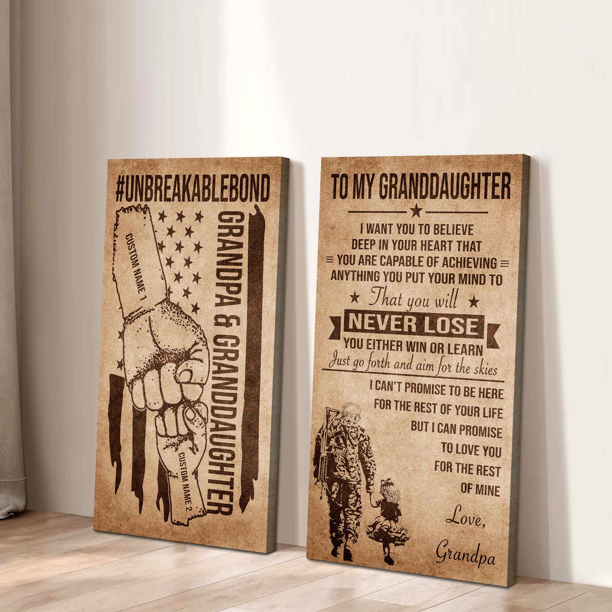 Grandpa And Granddaughter UnBreakable Bond - 2 Piece Canvas Wall Art Black Floating Frame - You Will Never Lose You Either Win Or Learn