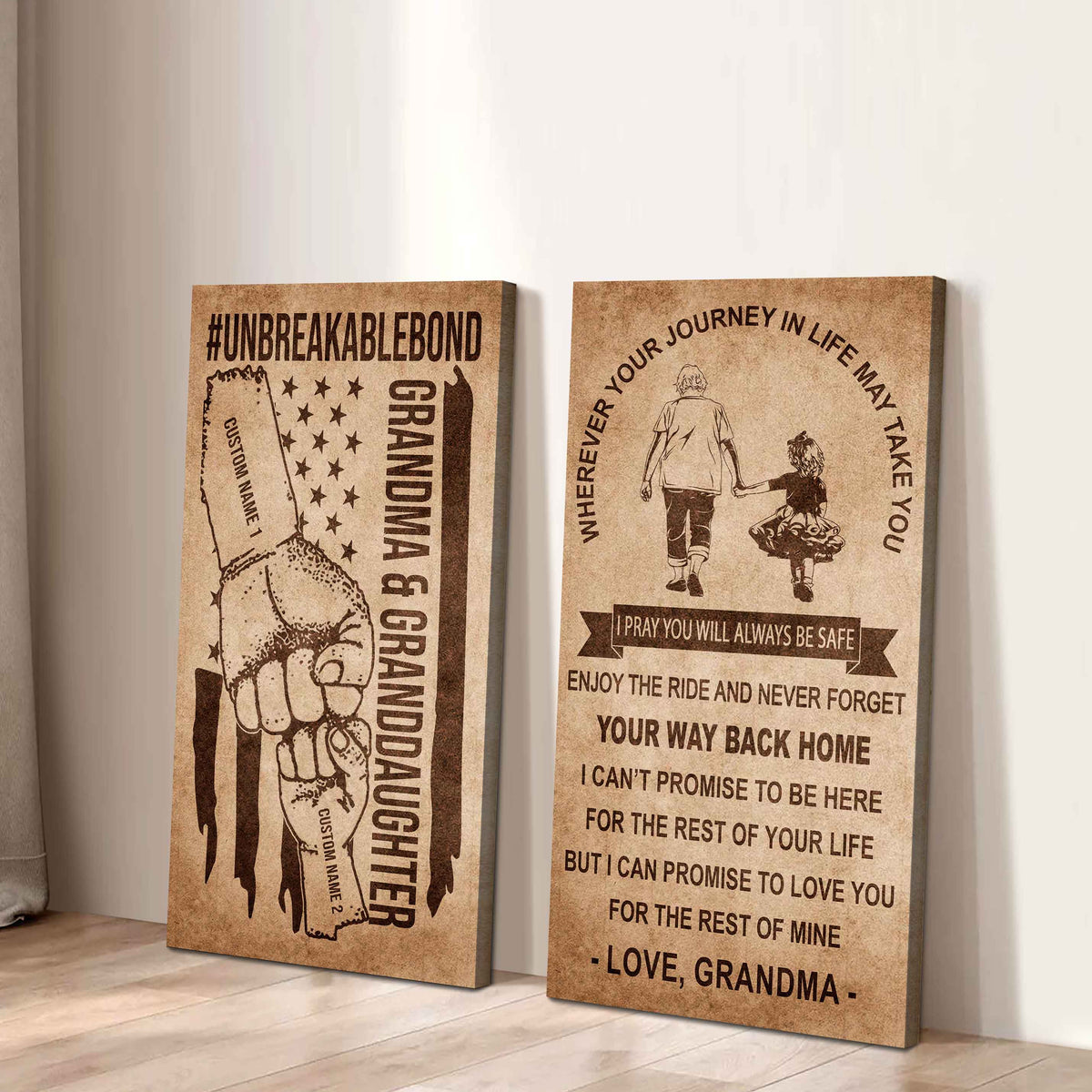 Grandma And Granddaughter UnBreakable Bond - 2 Piece Canvas Wall Art Black Floating Frame - Never Forget Your Way Back Home