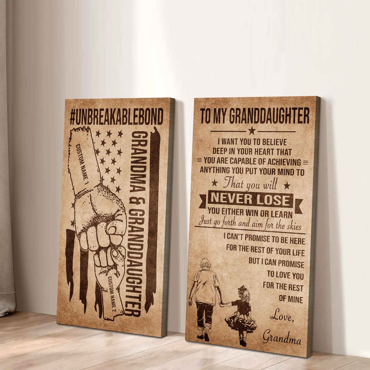 Grandma And Granddaughter UnBreakable Bond - 2 Piece Canvas Wall Art Black Floating Frame - You Will Never Lose You Either Win Or Learn
