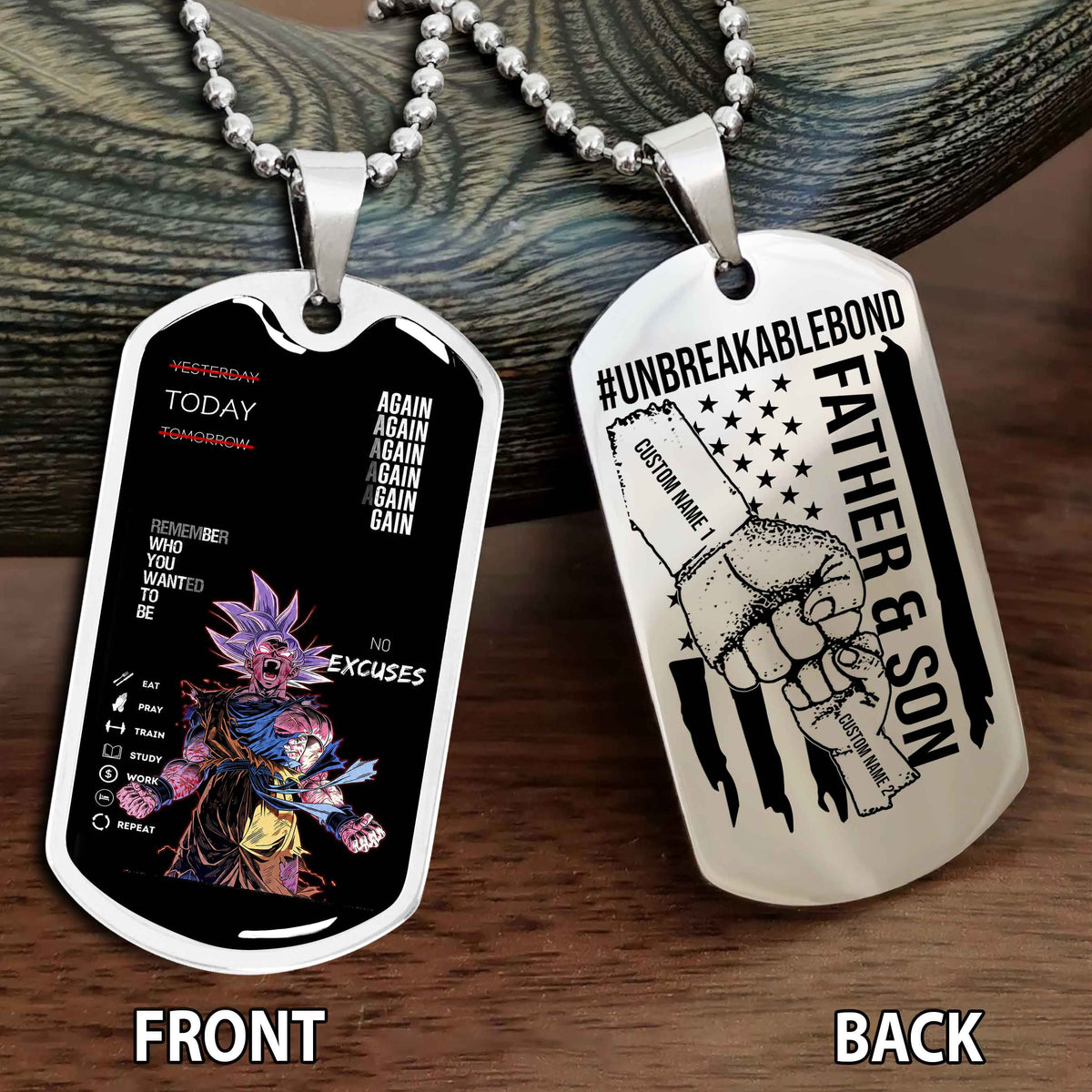Personalized Double Side Graphic Dog Tag Father And Son UnBreakable Bond Again Again Again