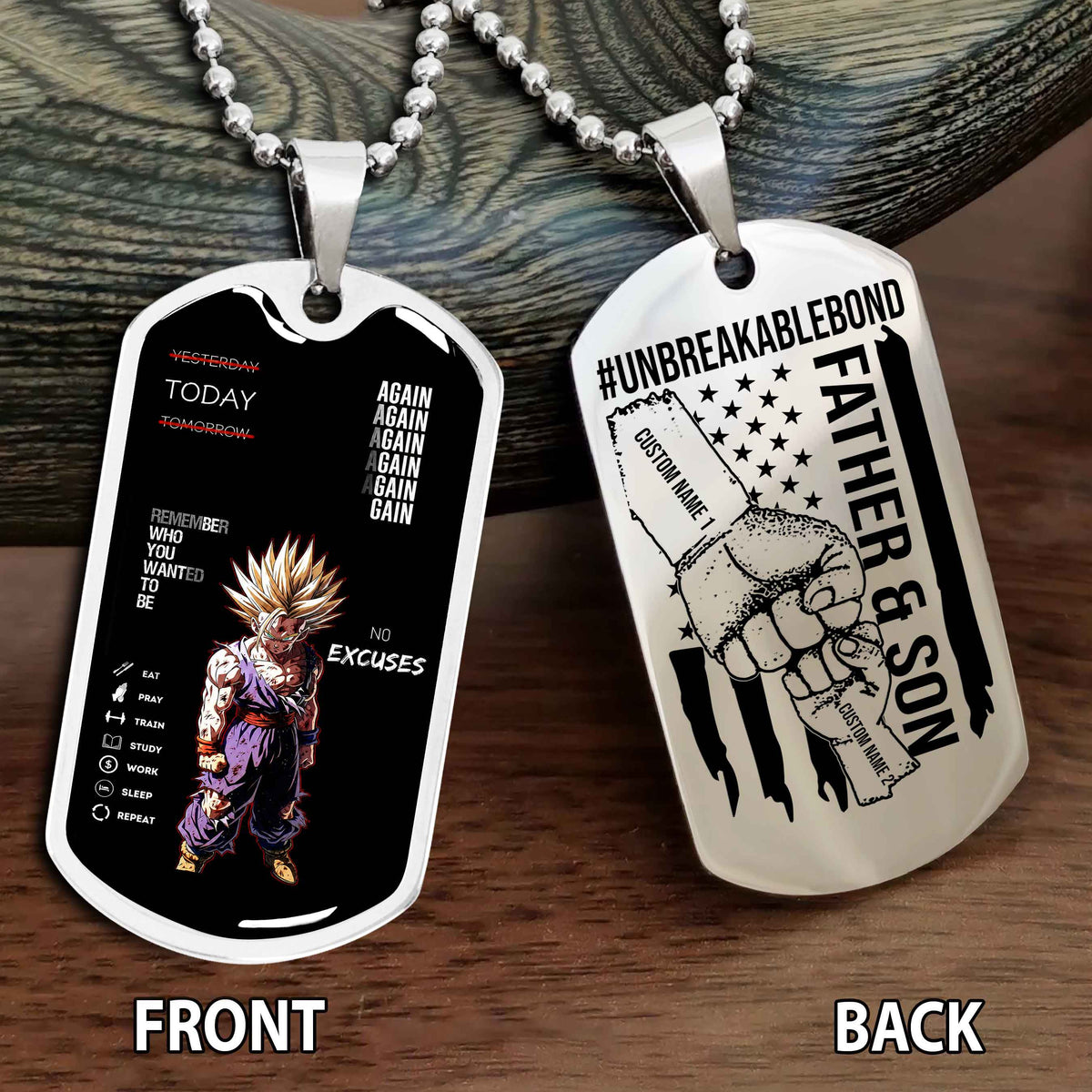 Personalized Double Side Graphic Dog Tag Father And Son UnBreakable Bond Again Again Again