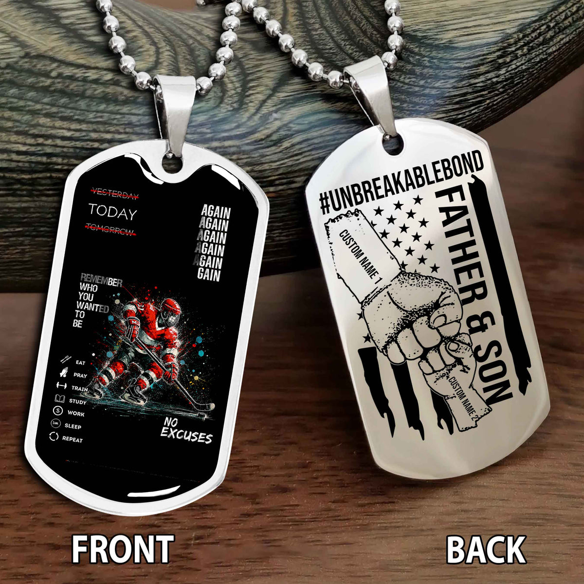 Personalized Double Side Graphic Dog Tag Father And Son UnBreakable Bond Again Again Again