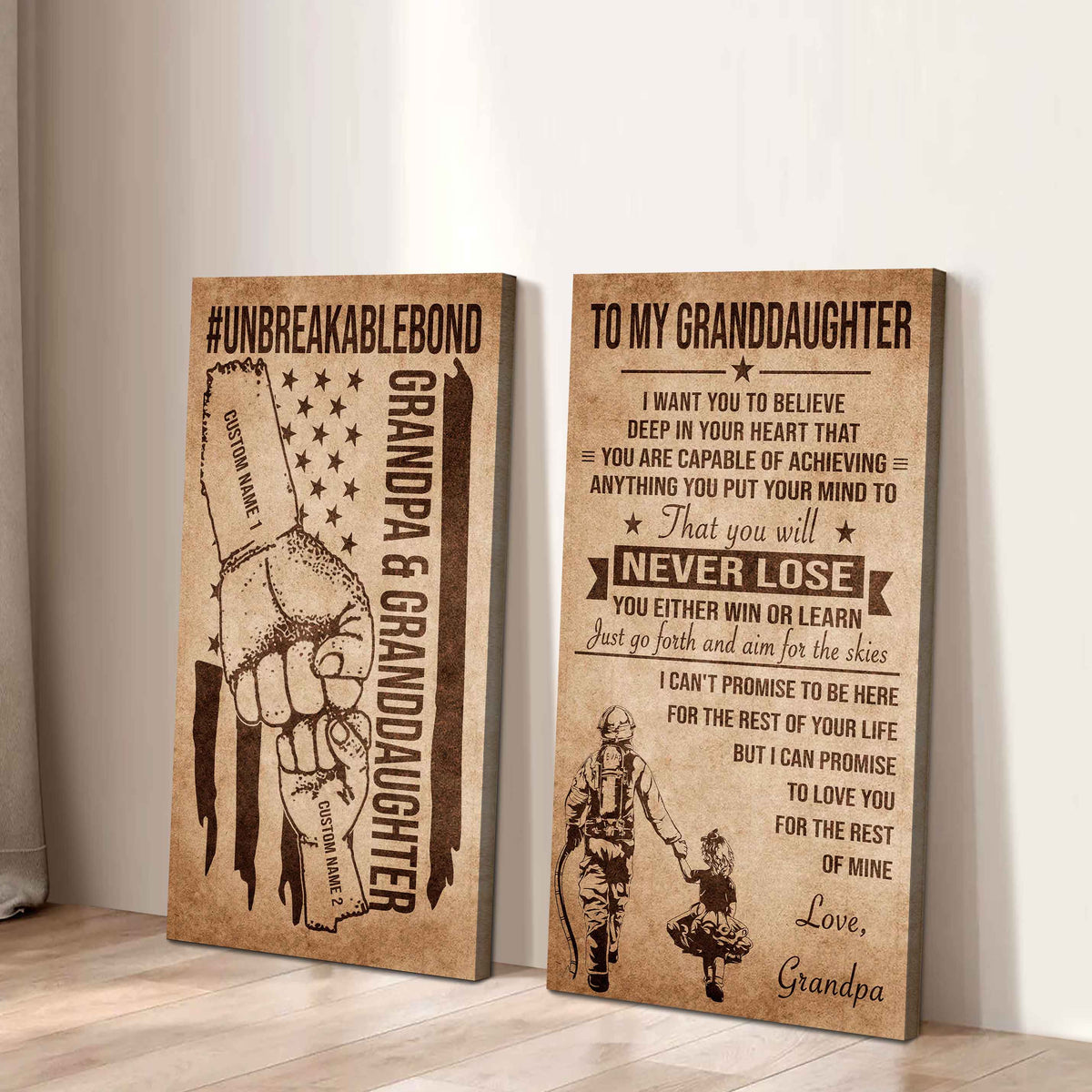 Grandpa And Granddaughter UnBreakable Bond - 2 Piece Canvas Wall Art Black Floating Frame - You Will Never Lose You Either Win Or Learn