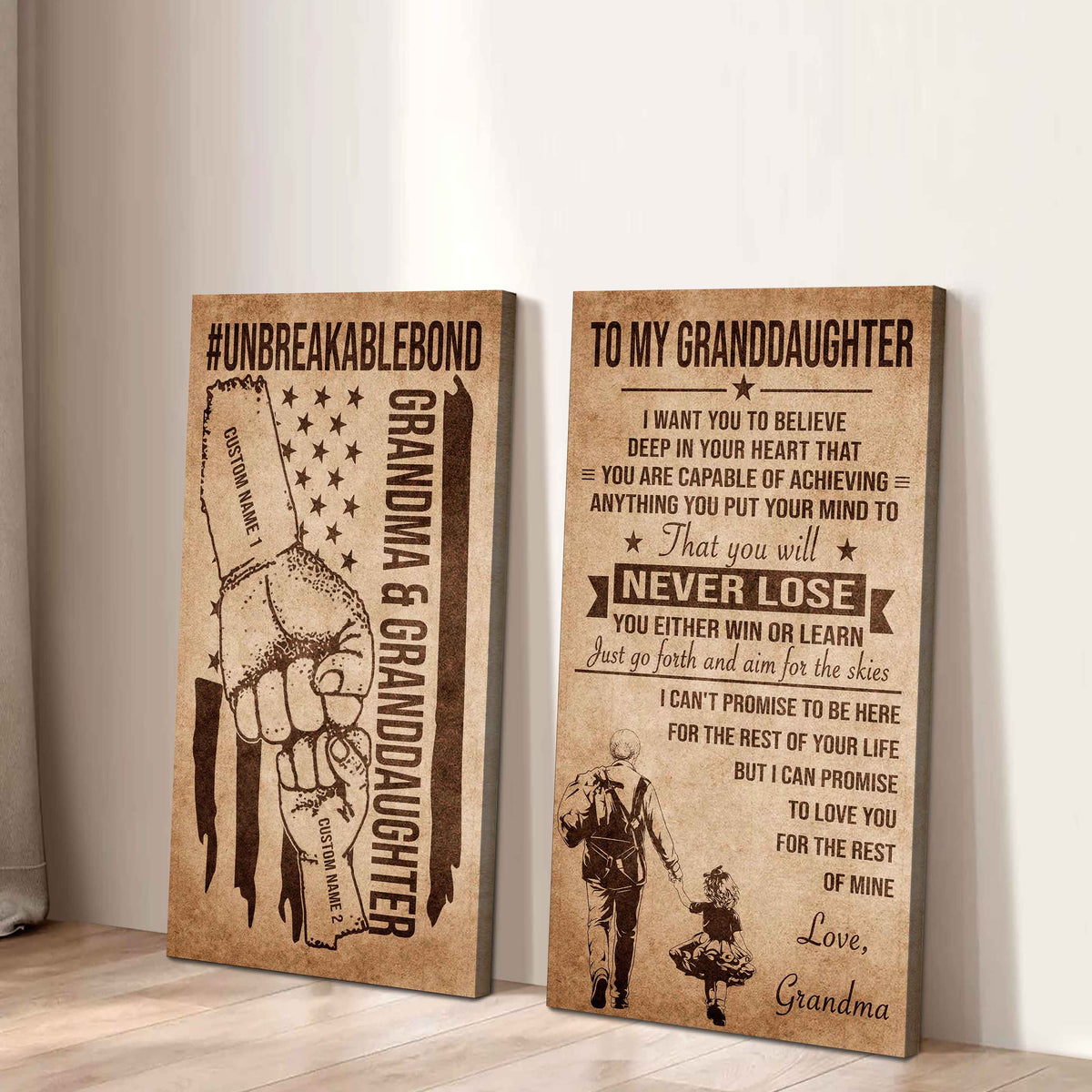 Grandma And Granddaughter UnBreakable Bond - 2 Piece Canvas Wall Art Black Floating Frame - You Will Never Lose You Either Win Or Learn