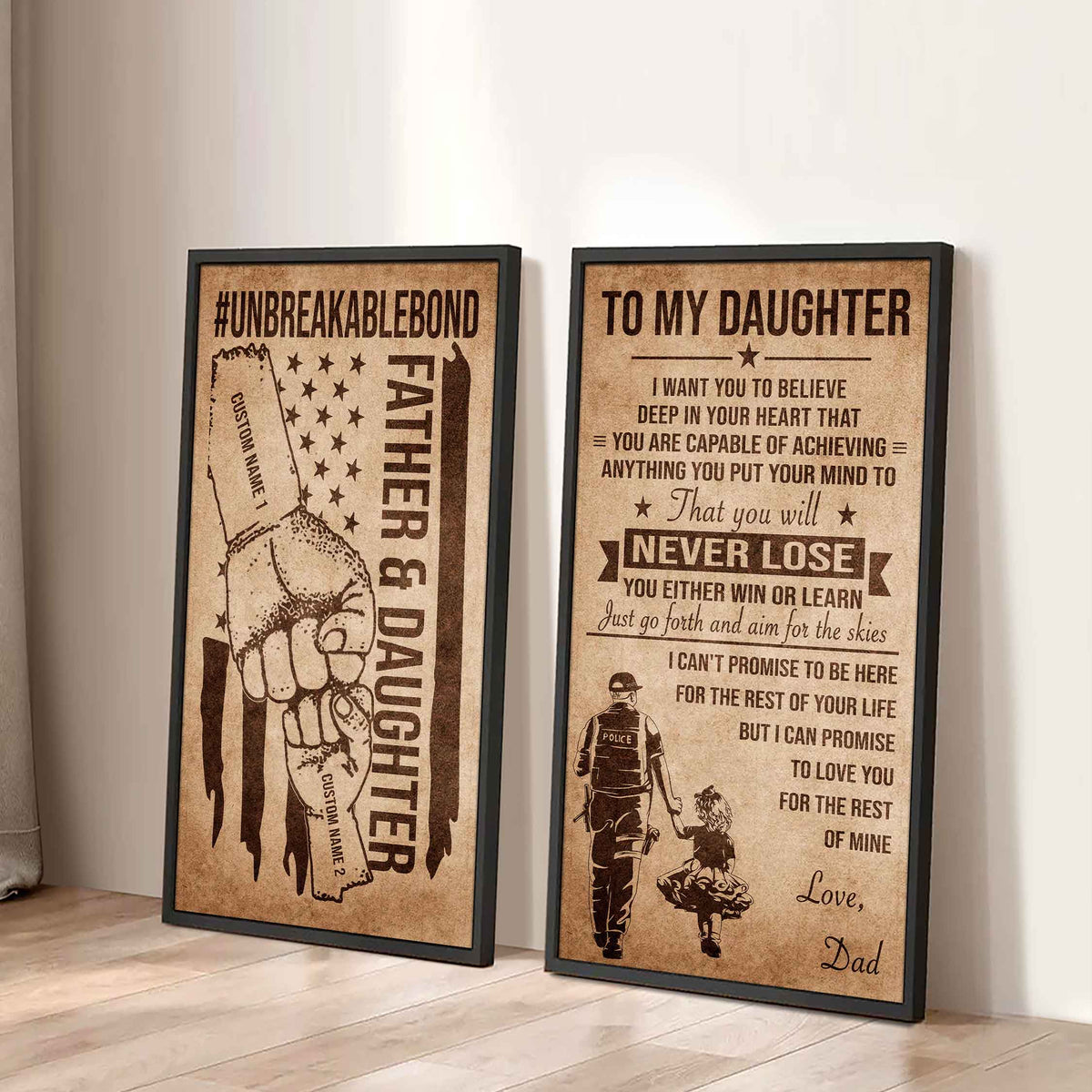 Father And Daughter UnBreakable Bond - 2 Piece Canvas Wall Art Black Floating Frame - You Will Never Lose You Either Win Or Learn Love Dad