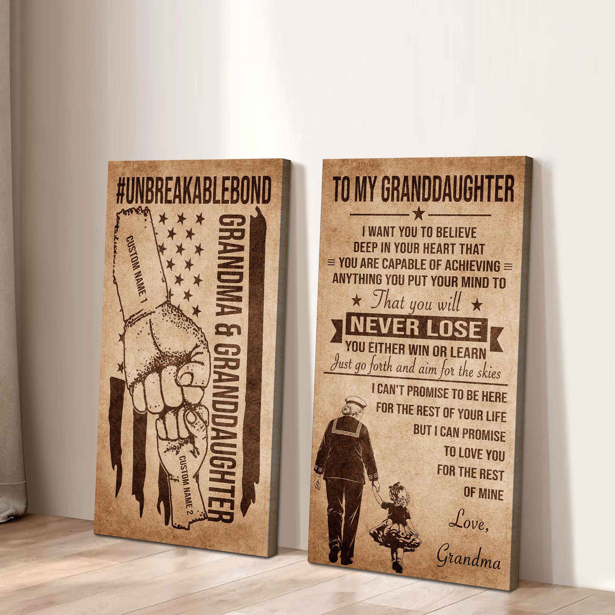 Grandma And Granddaughter UnBreakable Bond - 2 Piece Canvas Wall Art Black Floating Frame - You Will Never Lose You Either Win Or Learn