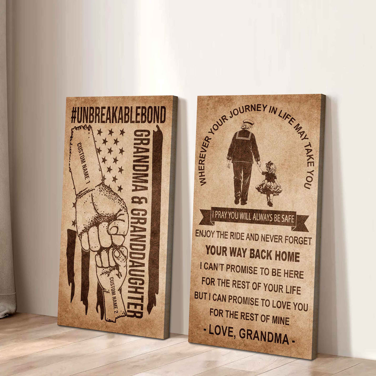 Grandma And Granddaughter UnBreakable Bond - 2 Piece Canvas Wall Art Black Floating Frame - Never Forget Your Way Back Home