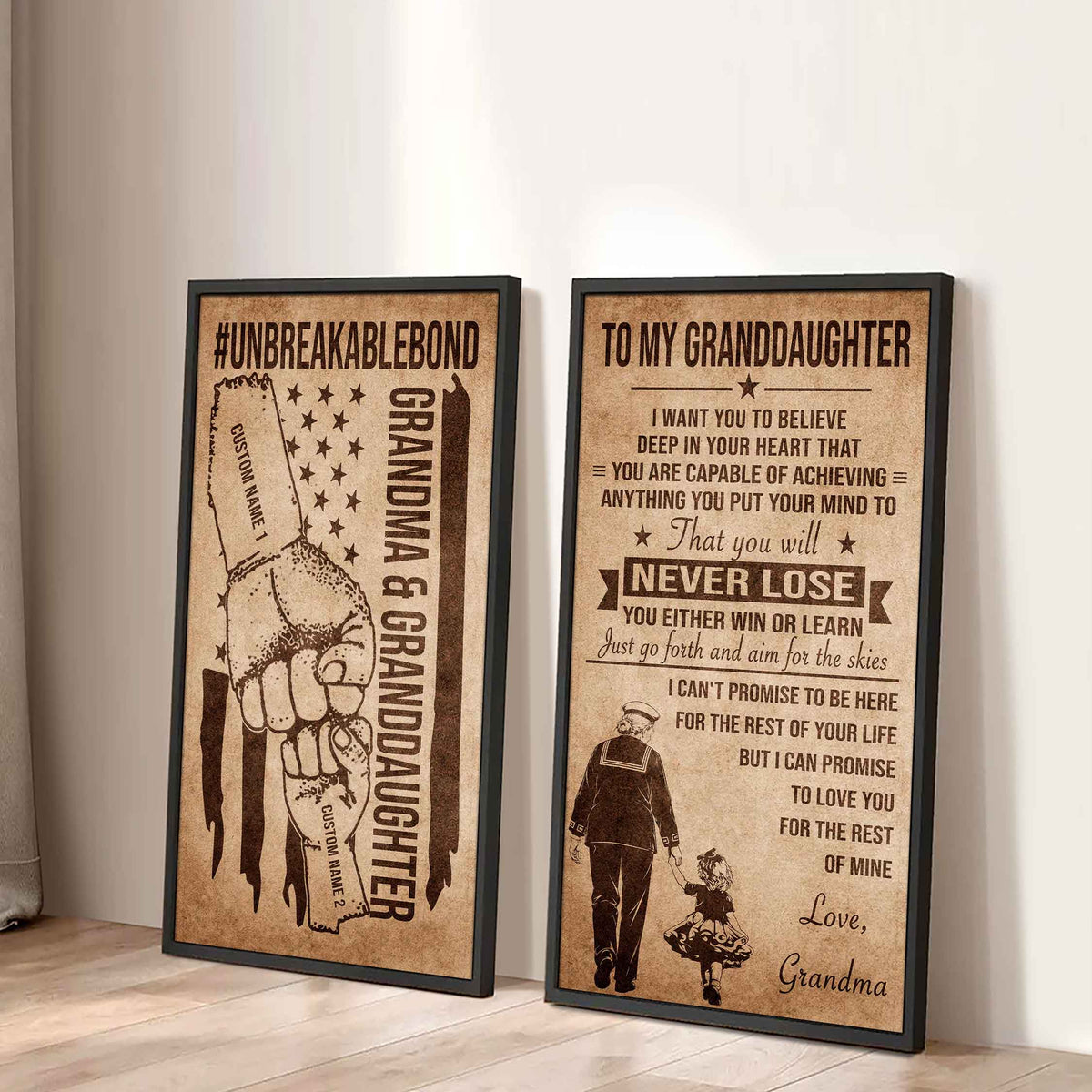 Grandma And Granddaughter UnBreakable Bond - 2 Piece Canvas Wall Art Black Floating Frame - You Will Never Lose You Either Win Or Learn