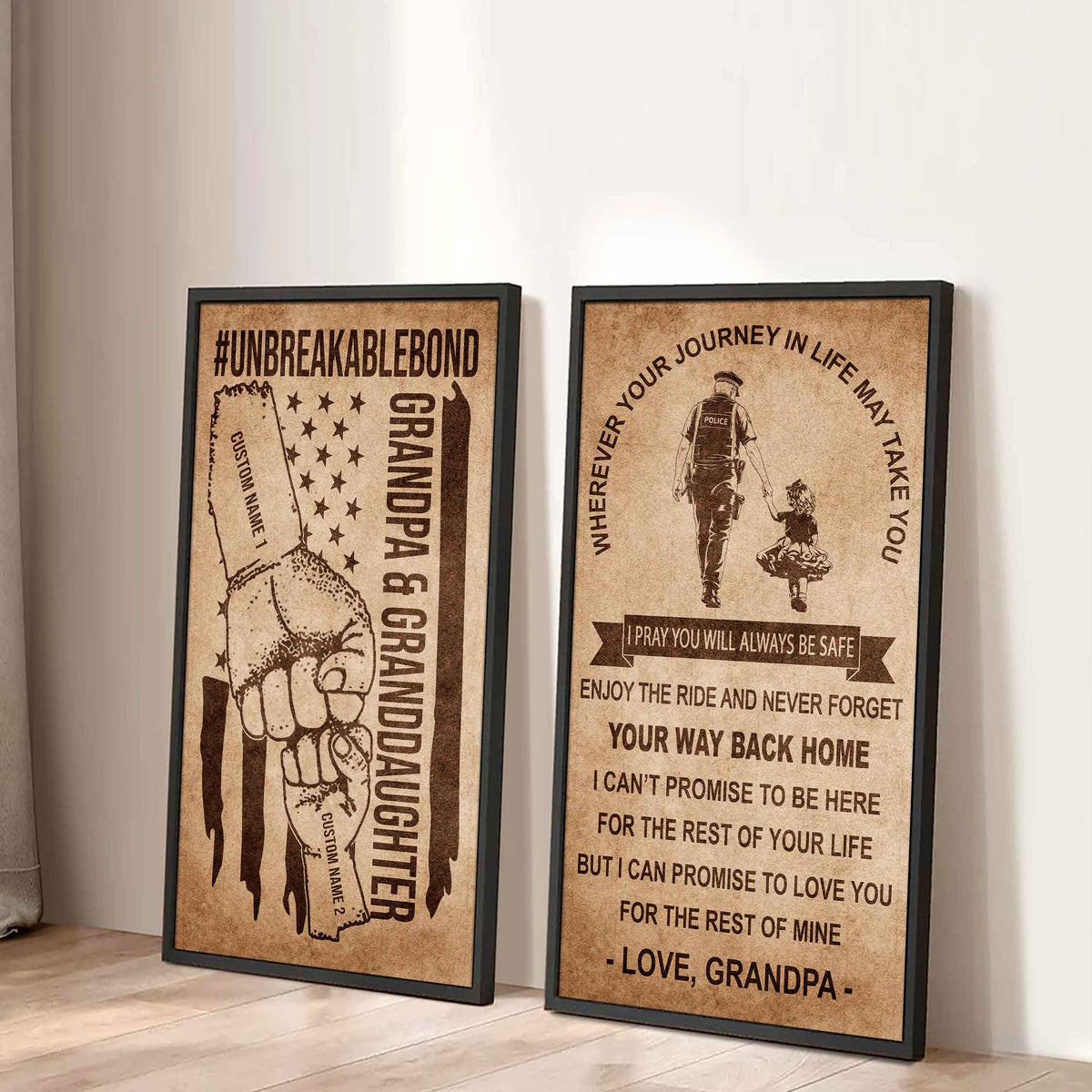 Grandpa And Granddaughter UnBreakable Bond - 2 Piece Canvas Wall Art Black Floating Frame - Never Forget Your Way Back Home