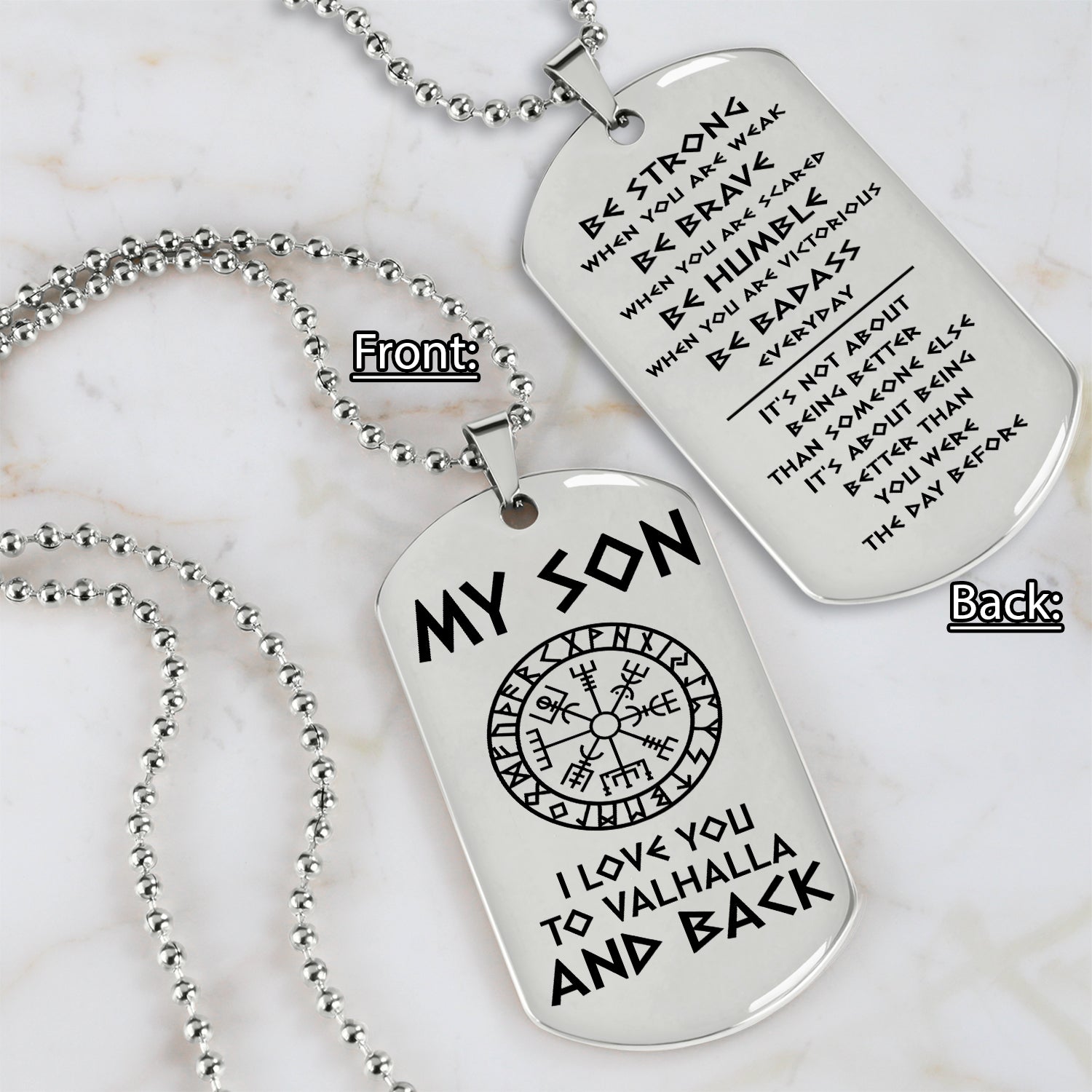 Viking engraved double sided dog tag dad to son i love you to valhalla and back