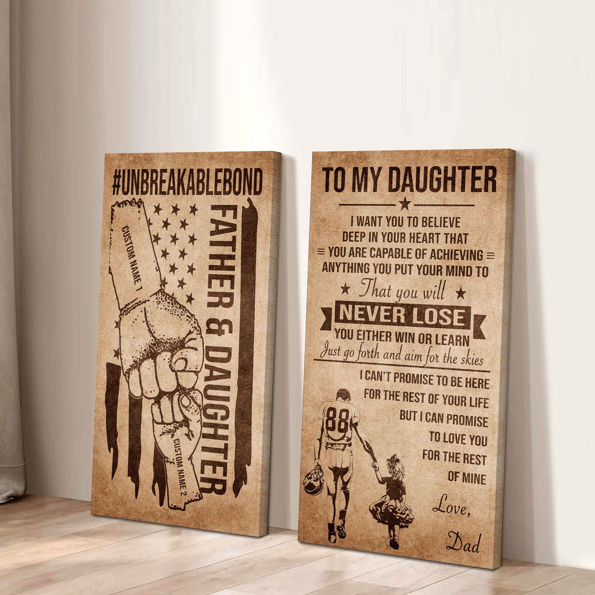 Father And Daughter UnBreakable Bond - 2 Piece Canvas Wall Art Black Floating Frame - You Will Never Lose You Either Win Or Learn Love Dad