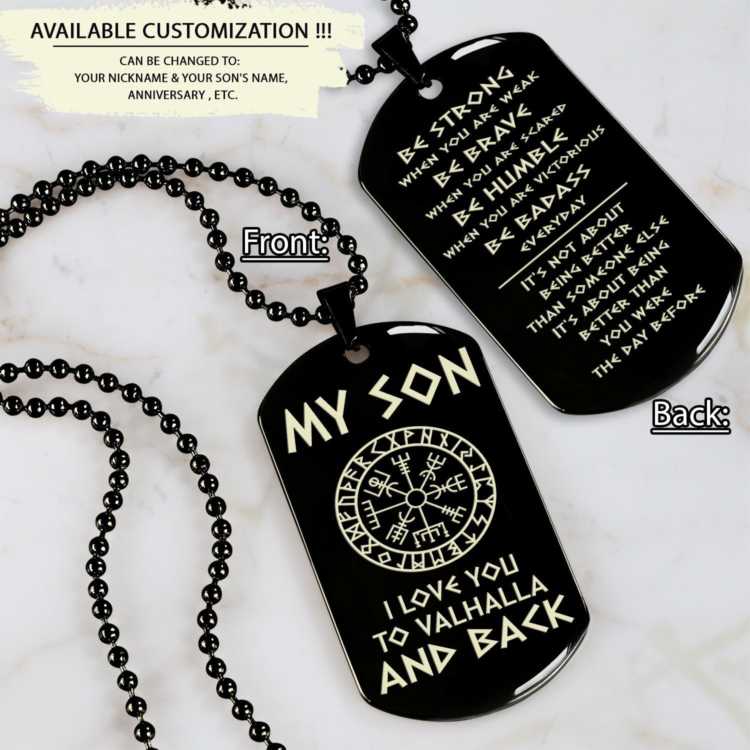 Viking engraved double sided dog tag dad to son i love you to valhalla and back