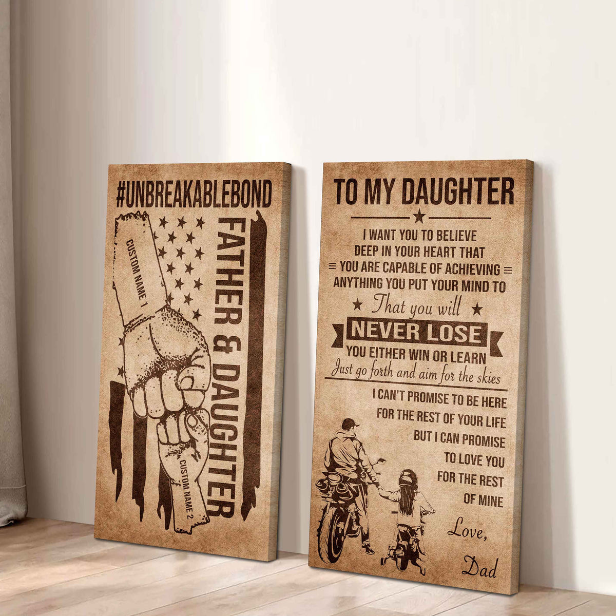 Father And Daughter UnBreakable Bond - 2 Piece Canvas Wall Art Black Floating Frame - You Will Never Lose You Either Win Or Learn Love Dad