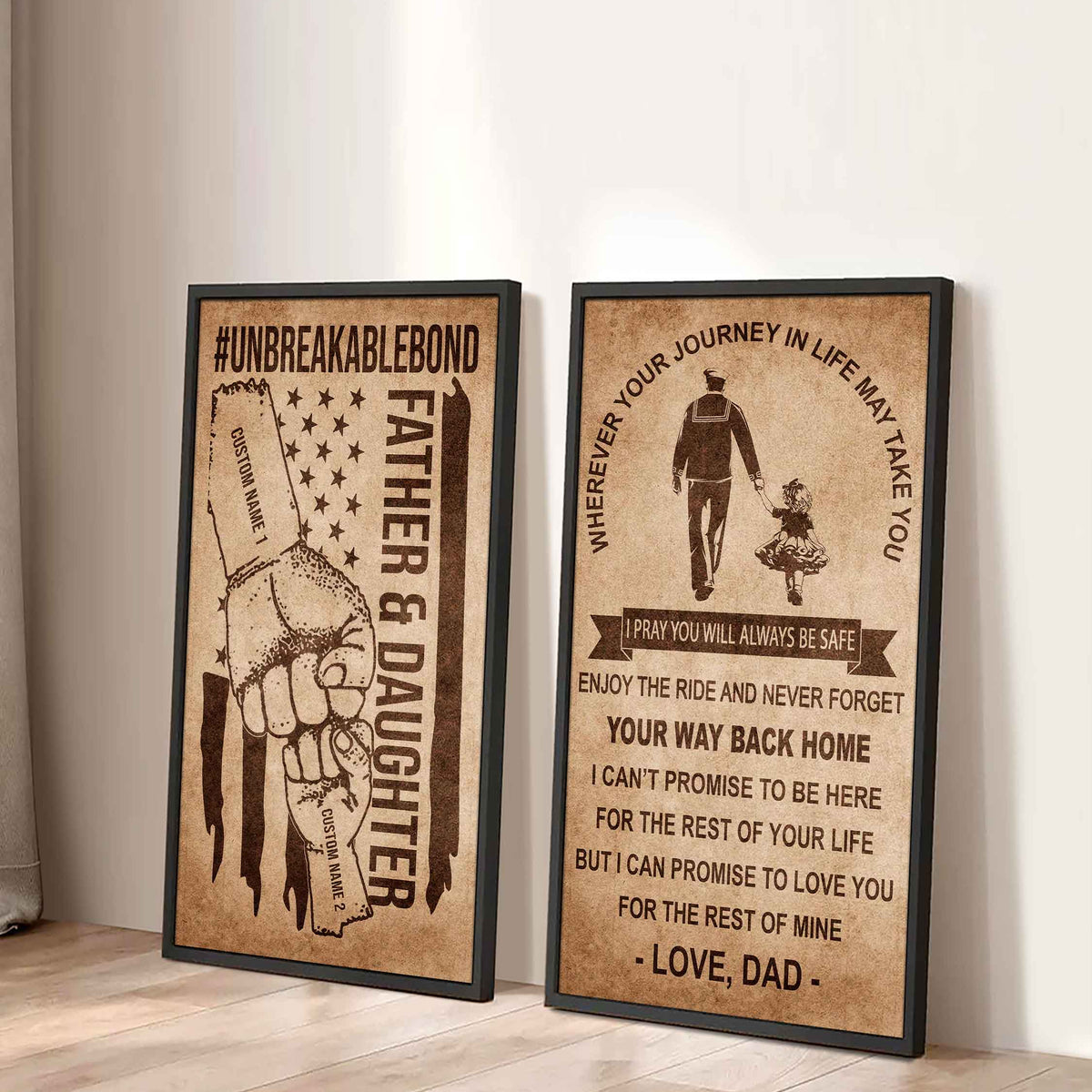 Father And Daughter UnBreakable Bond - 2 Piece Canvas Wall Art Black Floating Frame - Never Forget Your Way Back Home