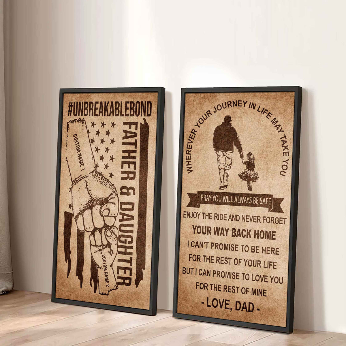 Father And Daughter UnBreakable Bond - 2 Piece Canvas Wall Art Black Floating Frame - Never Forget Your Way Back Home