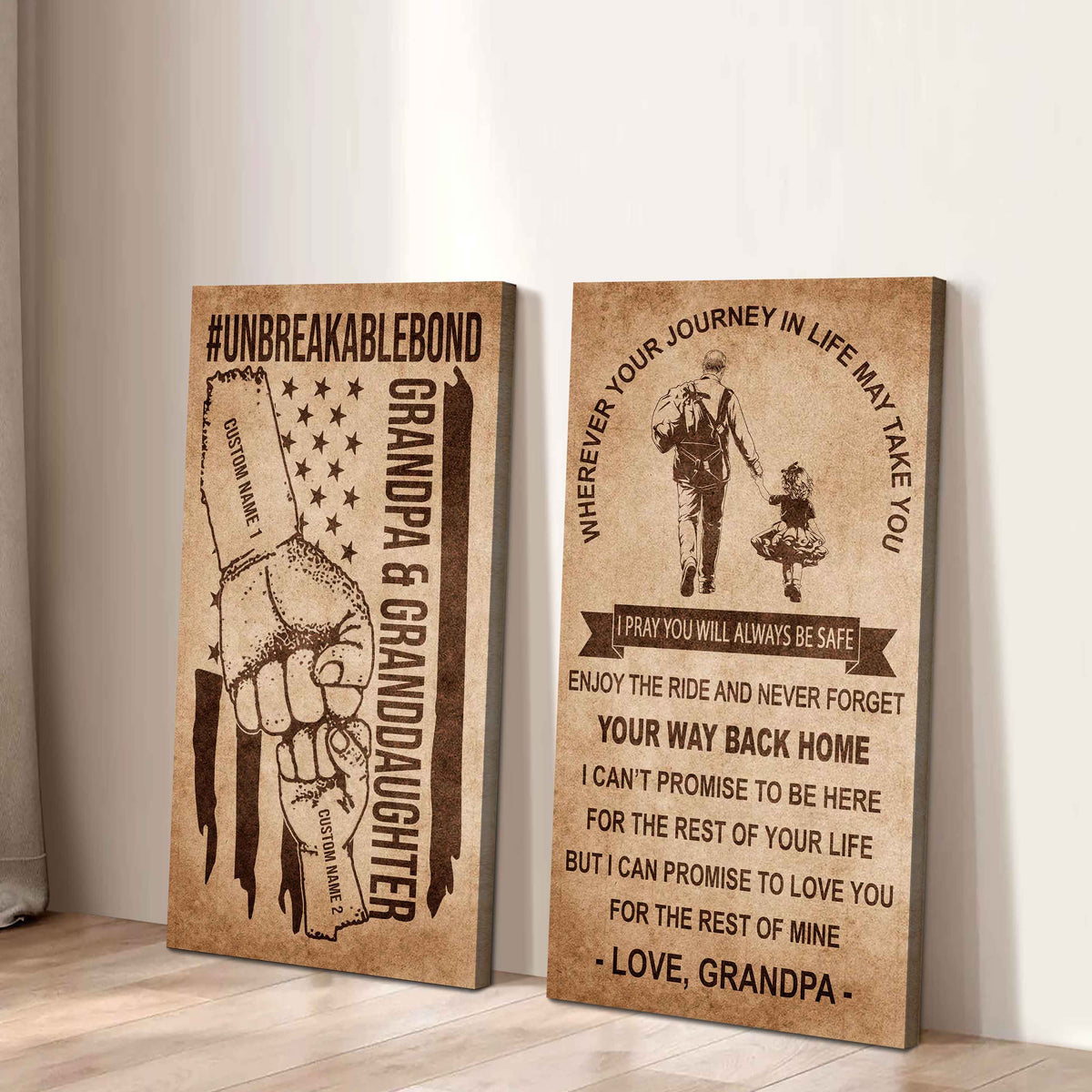 Grandpa And Granddaughter UnBreakable Bond - 2 Piece Canvas Wall Art Black Floating Frame - Never Forget Your Way Back Home