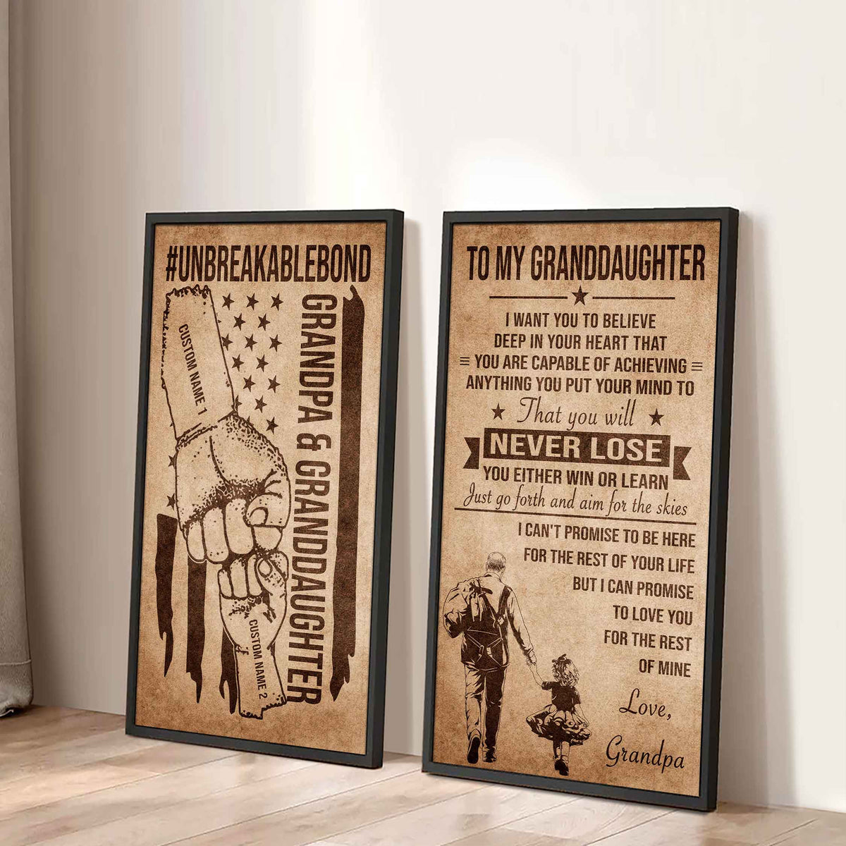 Grandpa And Granddaughter UnBreakable Bond - 2 Piece Canvas Wall Art Black Floating Frame - You Will Never Lose You Either Win Or Learn