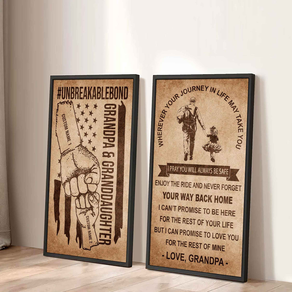 Grandpa And Granddaughter UnBreakable Bond - 2 Piece Canvas Wall Art Black Floating Frame - Never Forget Your Way Back Home