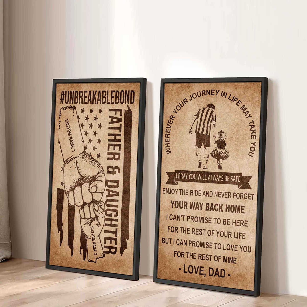 Father And Daughter UnBreakable Bond - 2 Piece Canvas Wall Art Black Floating Frame - Never Forget Your Way Back Home