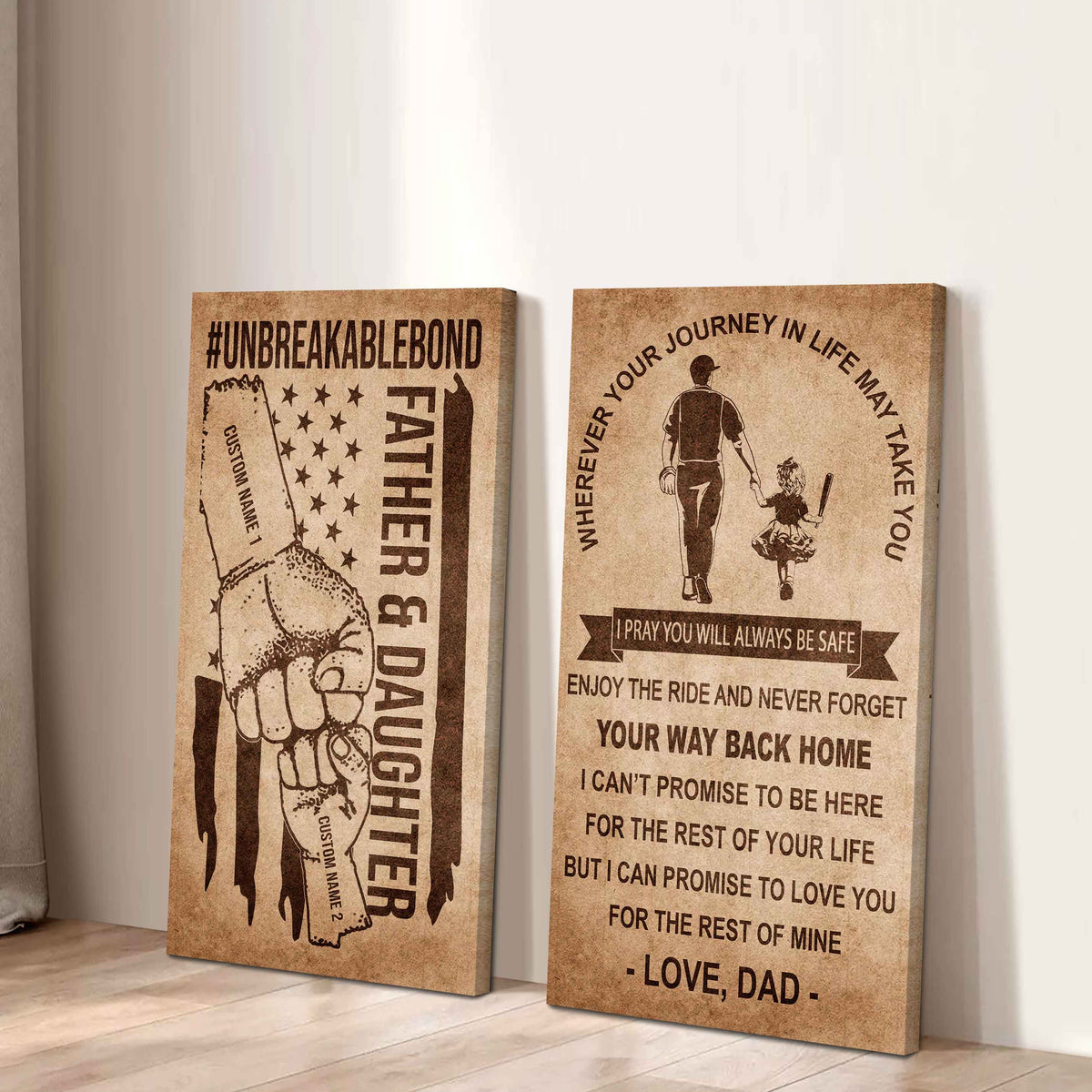 Father And Daughter UnBreakable Bond - 2 Piece Canvas Wall Art Black Floating Frame - Never Forget Your Way Back Home