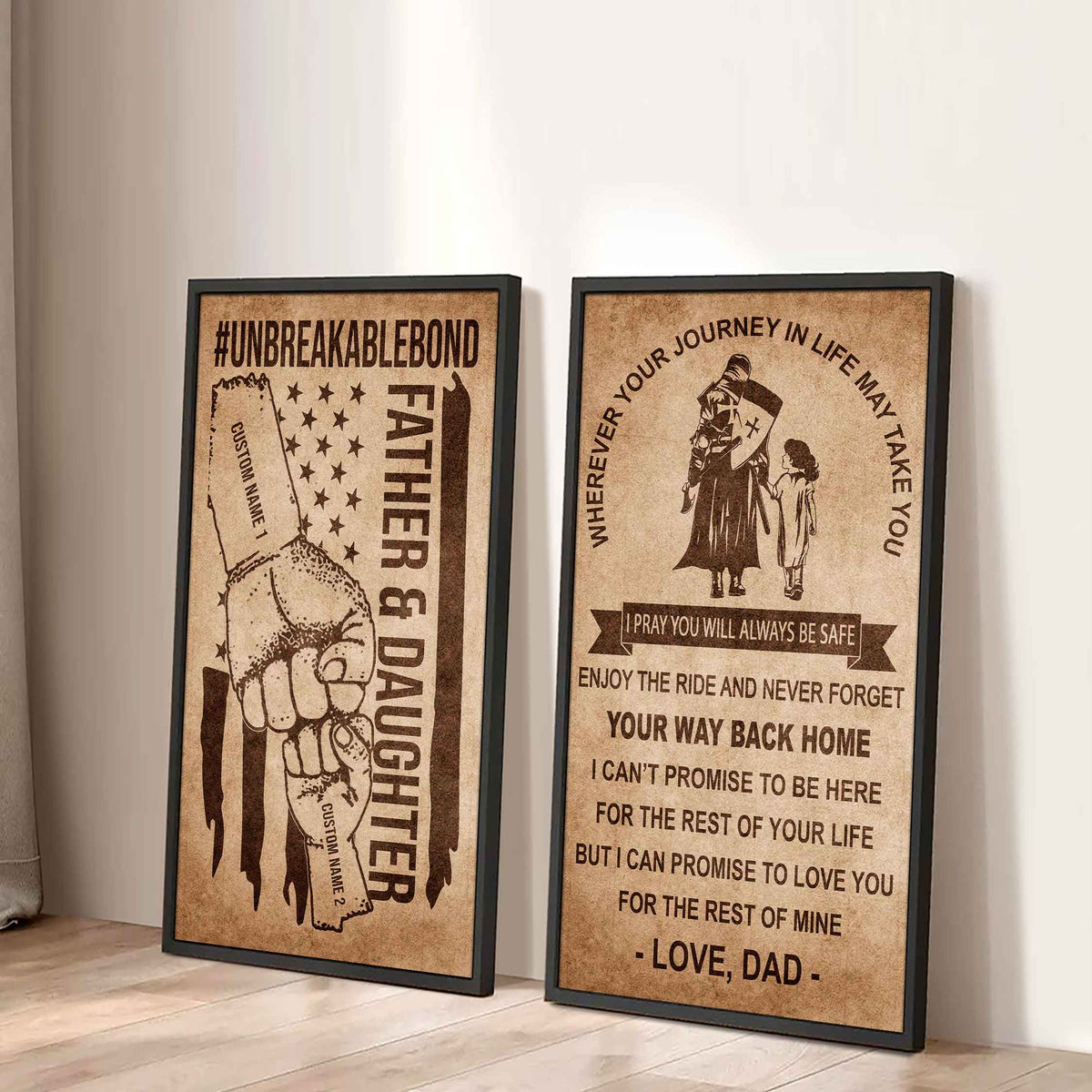 Father And Daughter UnBreakable Bond - 2 Piece Canvas Wall Art Black Floating Frame - Never Forget Your Way Back Home
