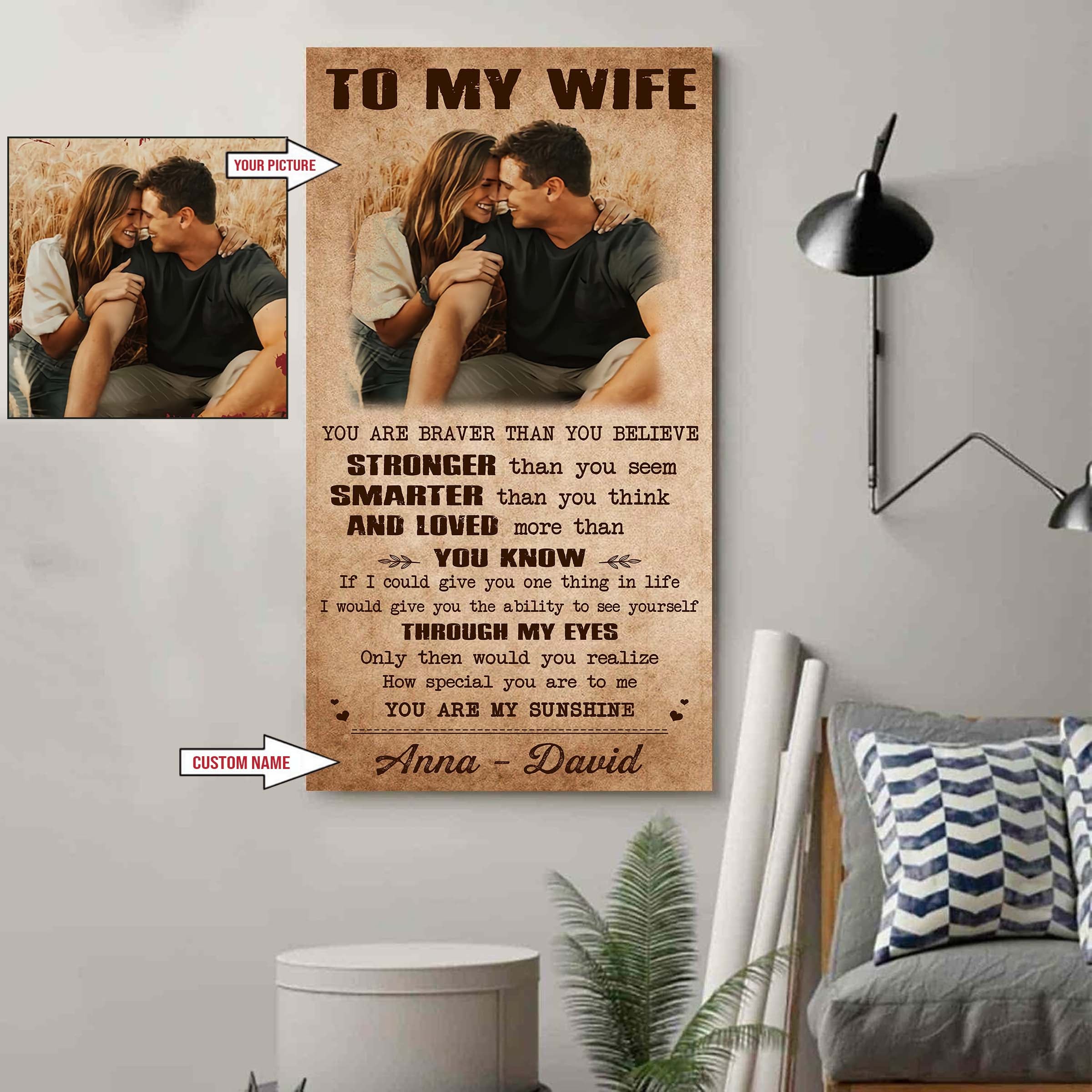 Valentine gifts-Custom image canvas-Husband to Wife- You are braver than you believe