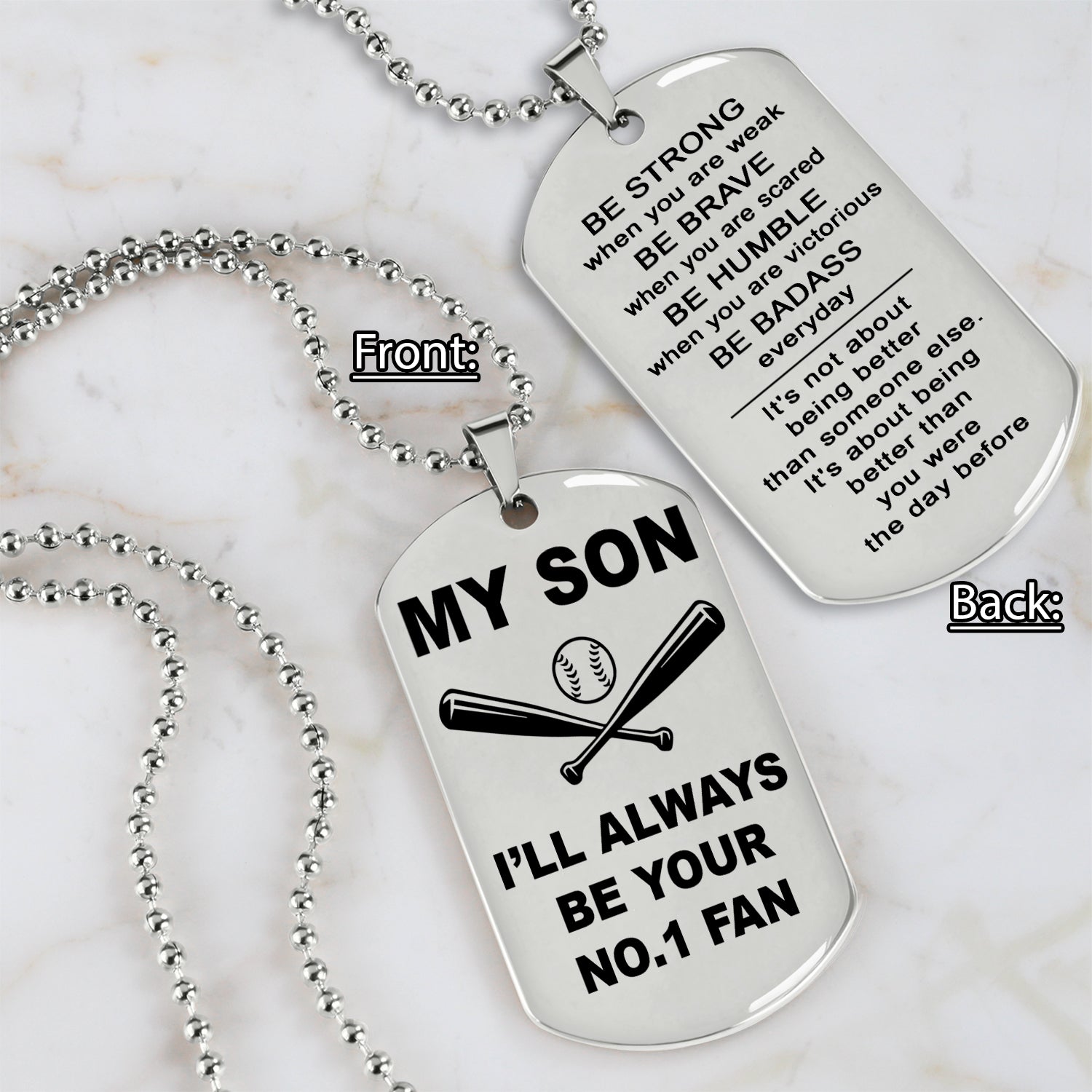 Baseball customizable engraved double sided dog tag gifts from dad mom to son, Be strong be brave be humble, It is not about better than someone else, It is about being better than you were the day before