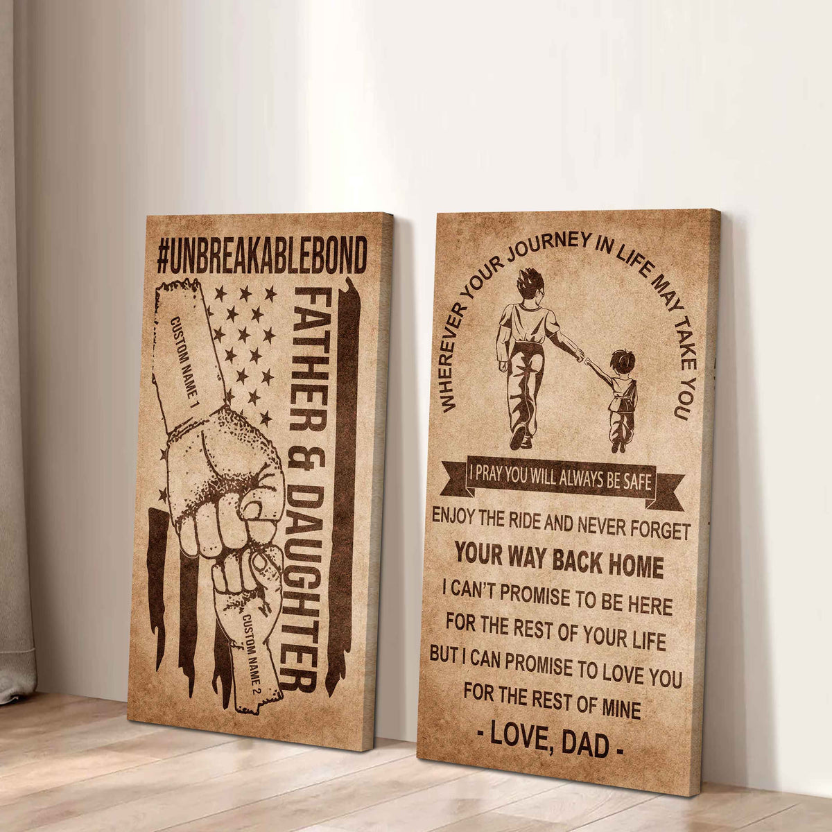 Father And Daughter UnBreakable Bond - 2 Piece Canvas Wall Art Black Floating Frame - Never Forget Your Way Back Home