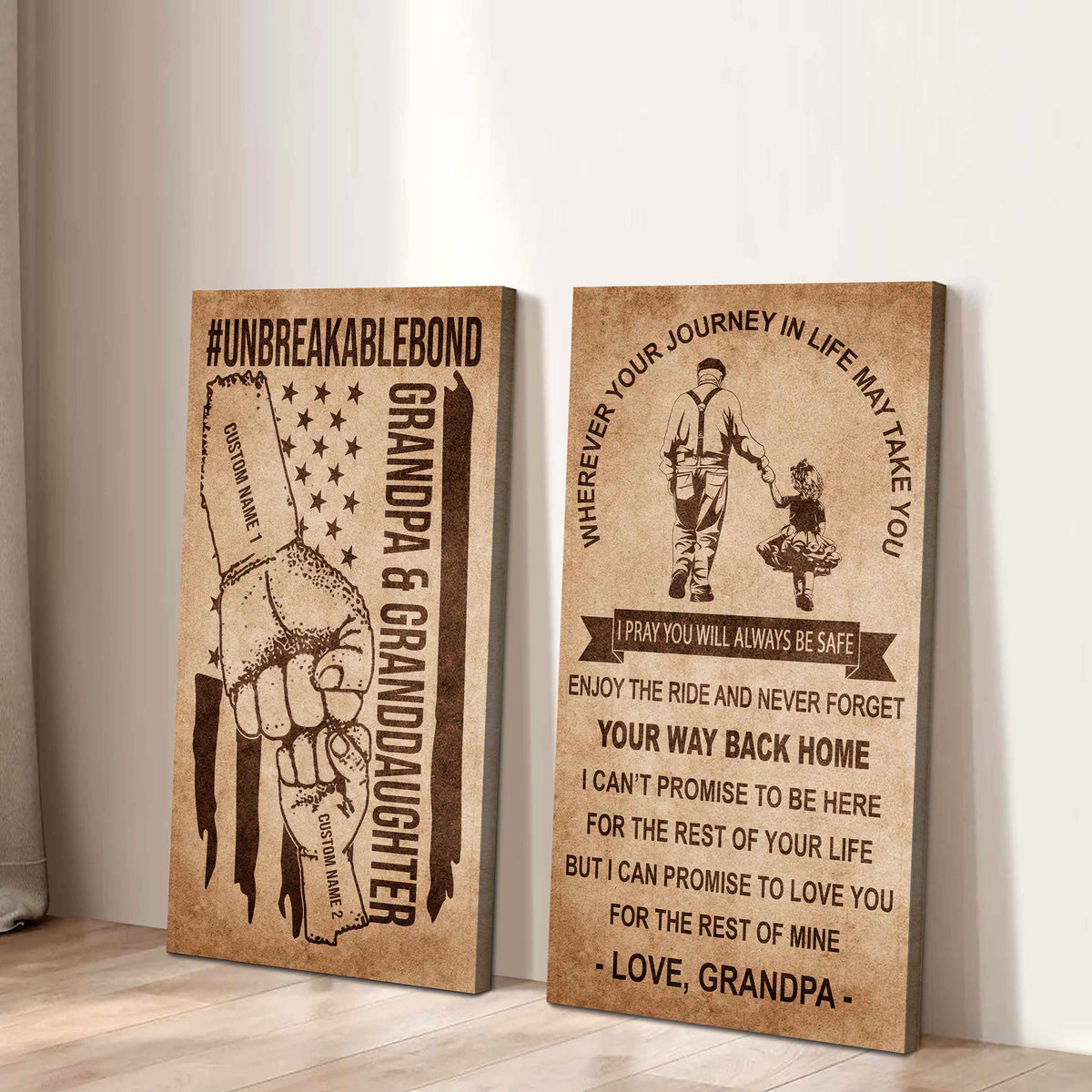 Grandpa And Granddaughter UnBreakable Bond - 2 Piece Canvas Wall Art Black Floating Frame - Never Forget Your Way Back Home