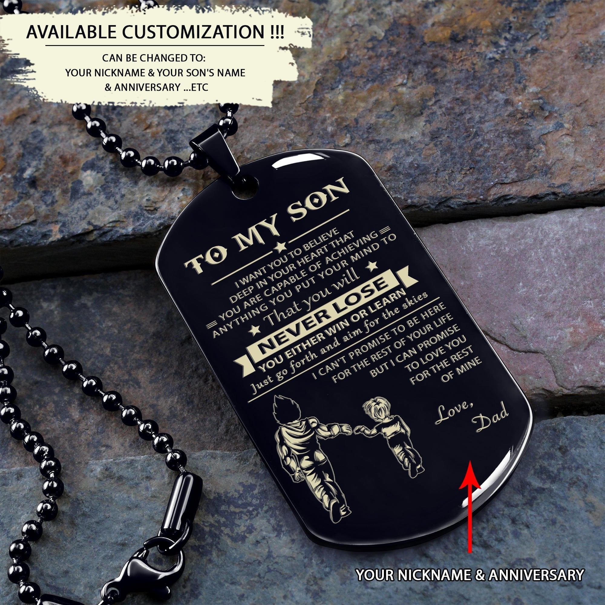 Customizable engraved black dog tag dad to son never lose