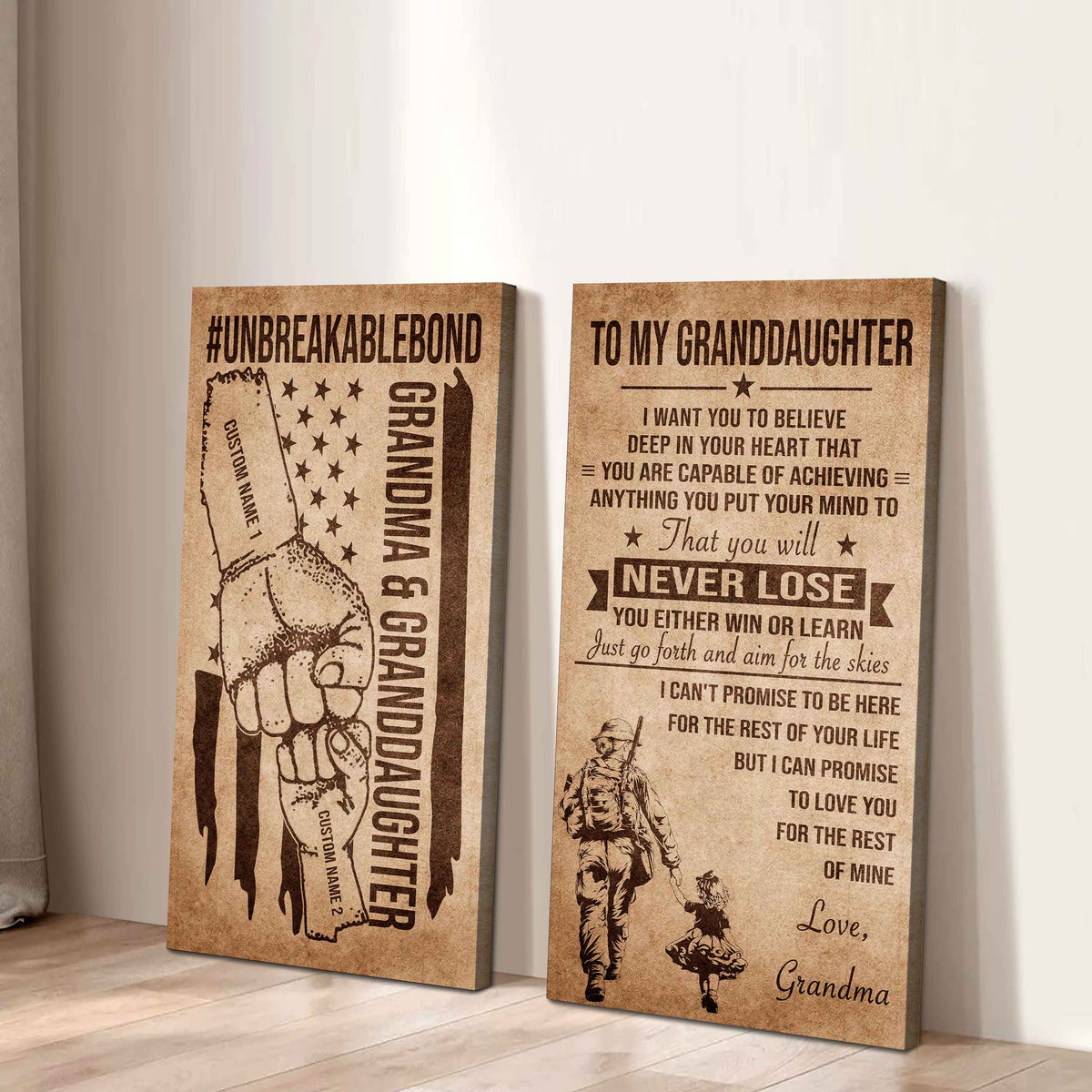 Grandma And Granddaughter UnBreakable Bond - 2 Piece Canvas Wall Art Black Floating Frame - You Will Never Lose You Either Win Or Learn