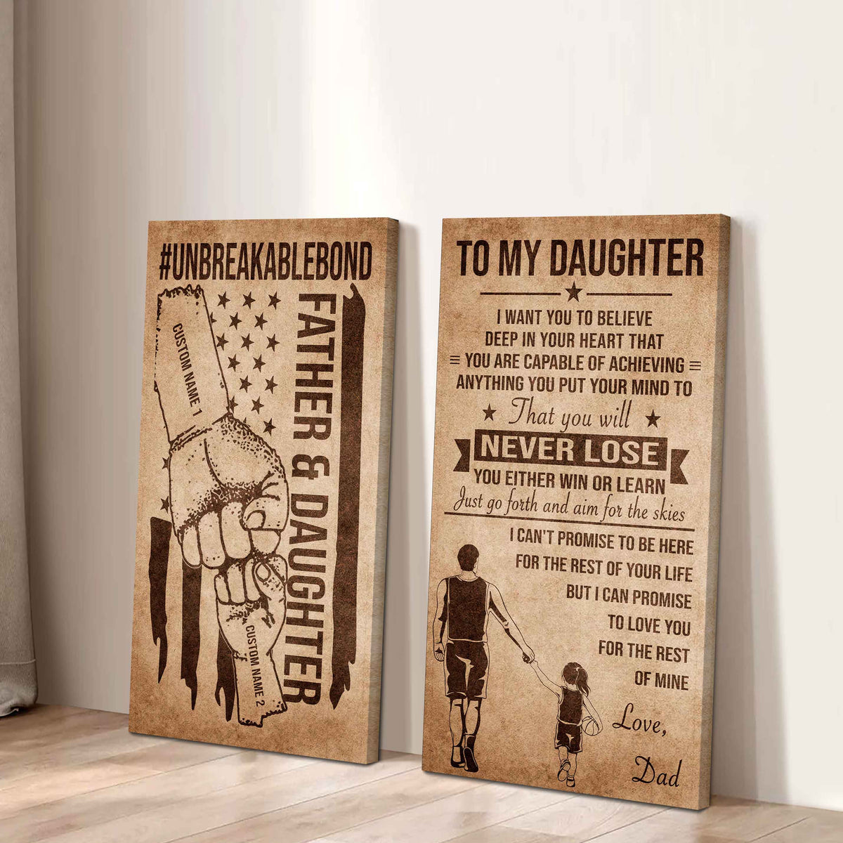 Father And Daughter UnBreakable Bond - 2 Piece Canvas Wall Art Black Floating Frame - You Will Never Lose You Either Win Or Learn Love Dad