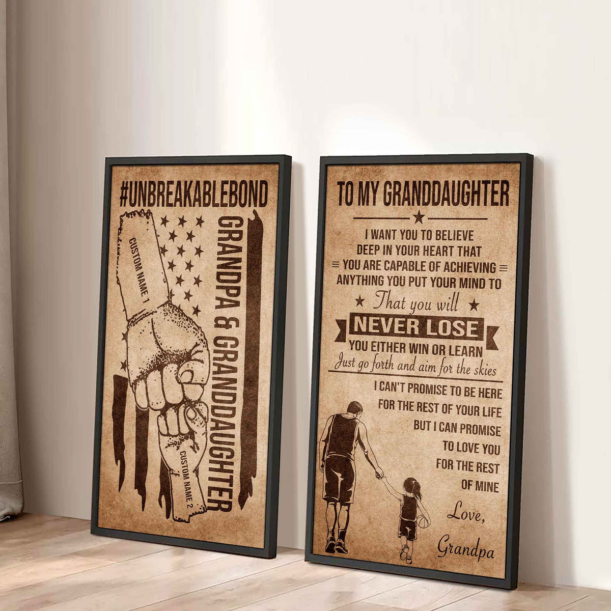 Grandpa And Granddaughter UnBreakable Bond - 2 Piece Canvas Wall Art Black Floating Frame - You Will Never Lose You Either Win Or Learn