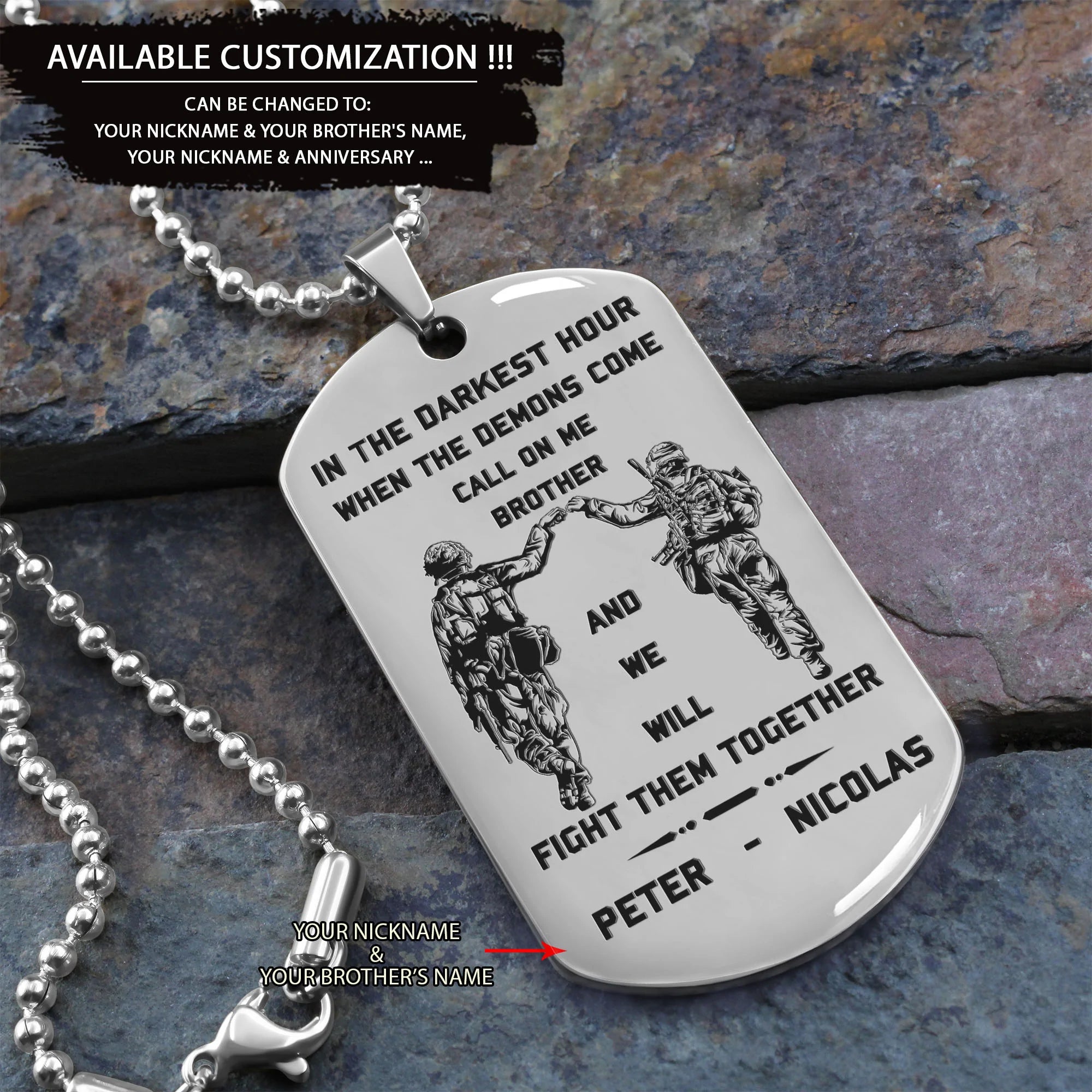 Samurai Customizable engraved brother dog tag gift from brother, In the darkest hour, When the demons come call on me brother and we will fight them together