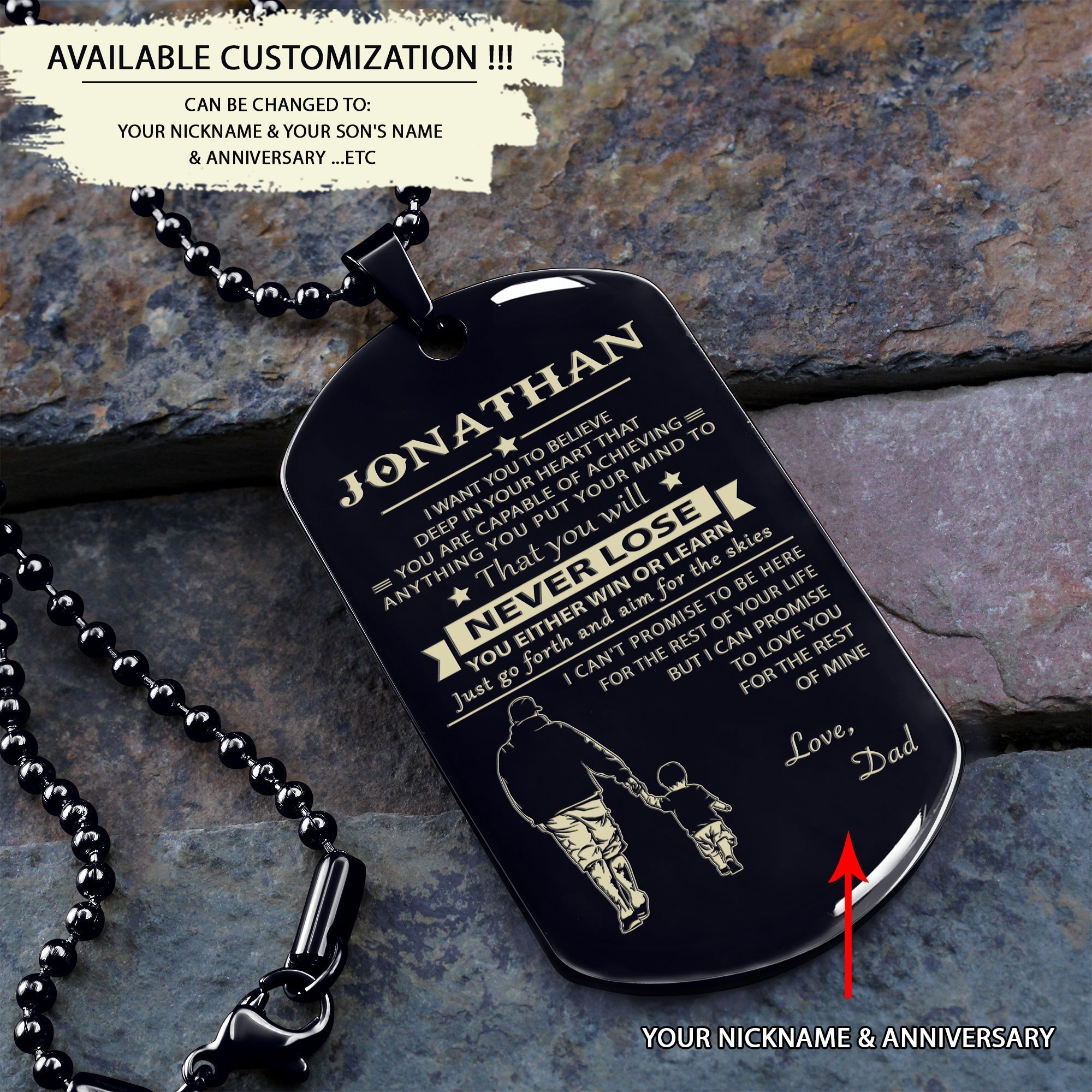 Customizable engraved black dog tag dad to son never lose