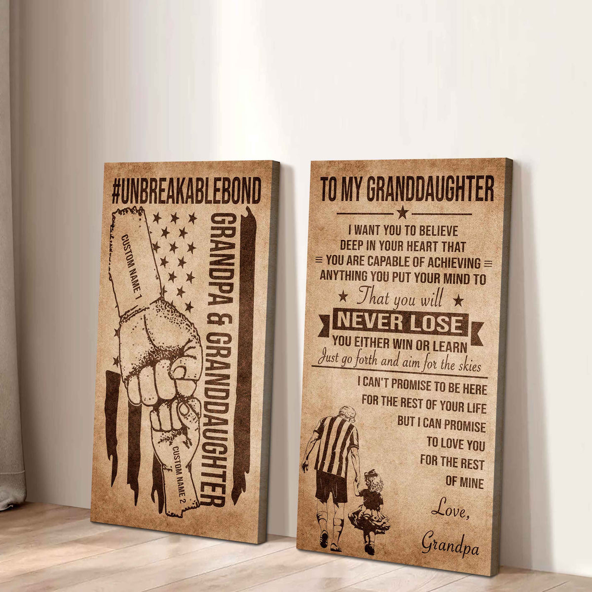 Grandpa And Granddaughter UnBreakable Bond - 2 Piece Canvas Wall Art Black Floating Frame - You Will Never Lose You Either Win Or Learn