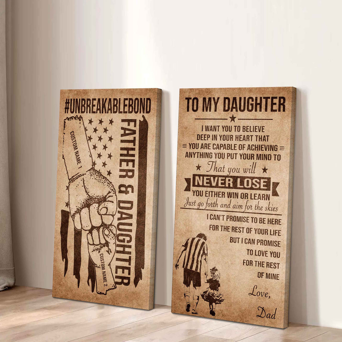 Father And Daughter UnBreakable Bond - 2 Piece Canvas Wall Art Black Floating Frame - You Will Never Lose You Either Win Or Learn Love Dad