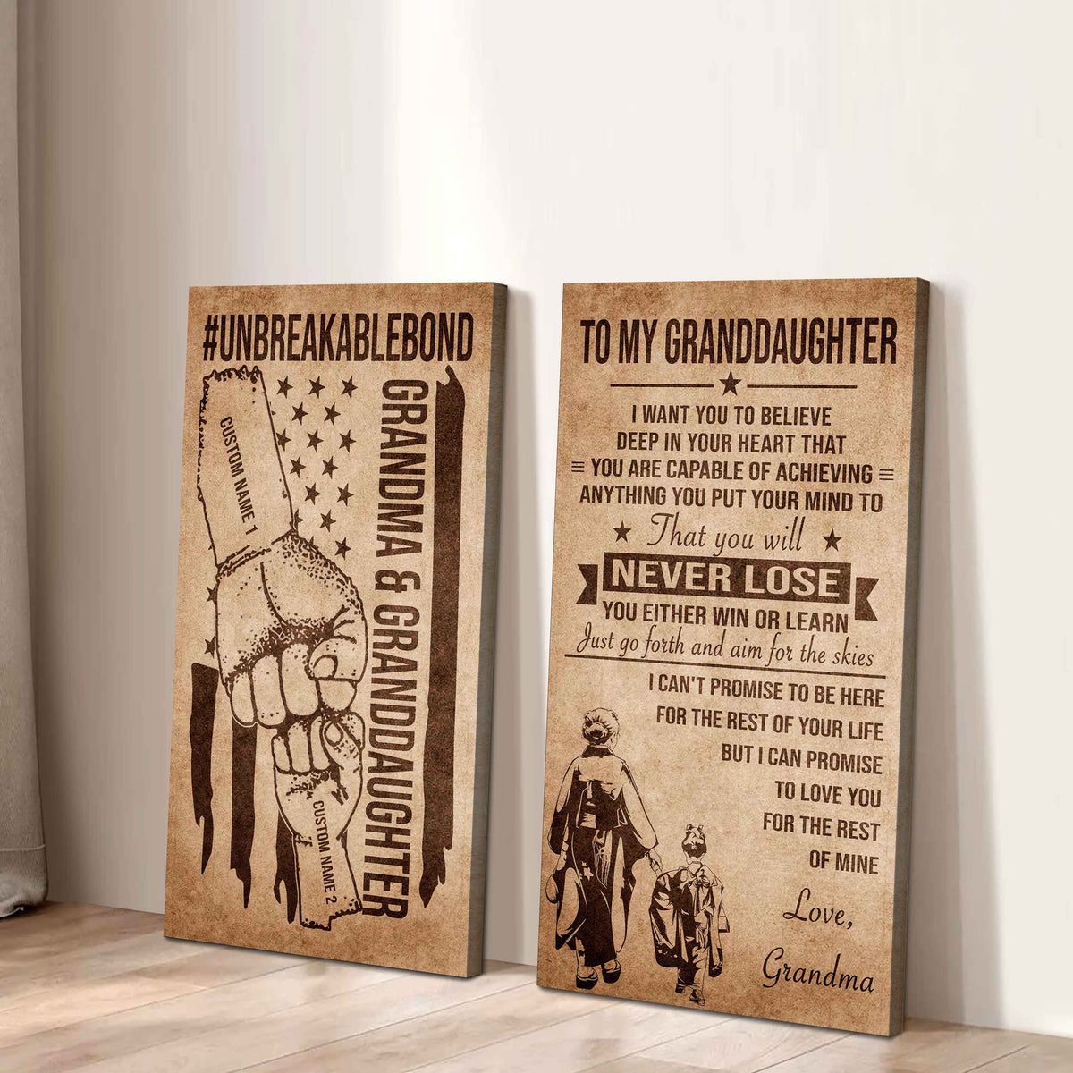 Grandma And Granddaughter UnBreakable Bond - 2 Piece Canvas Wall Art Black Floating Frame - You Will Never Lose You Either Win Or Learn