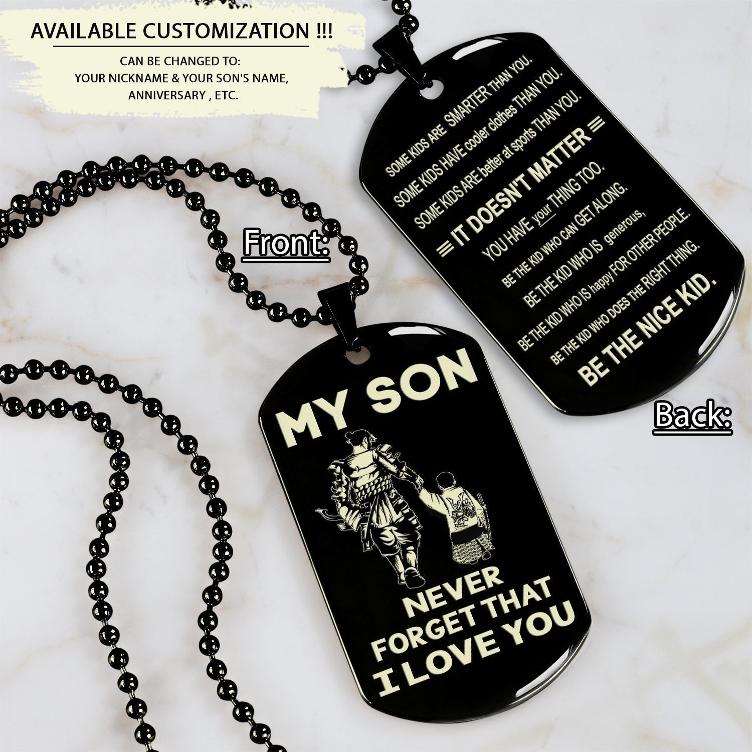 Samurai engraved double sided dog tag dad to son be the nice kid