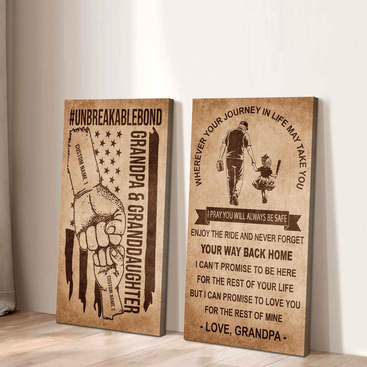 Grandpa And Granddaughter UnBreakable Bond - 2 Piece Canvas Wall Art Black Floating Frame - Never Forget Your Way Back Home