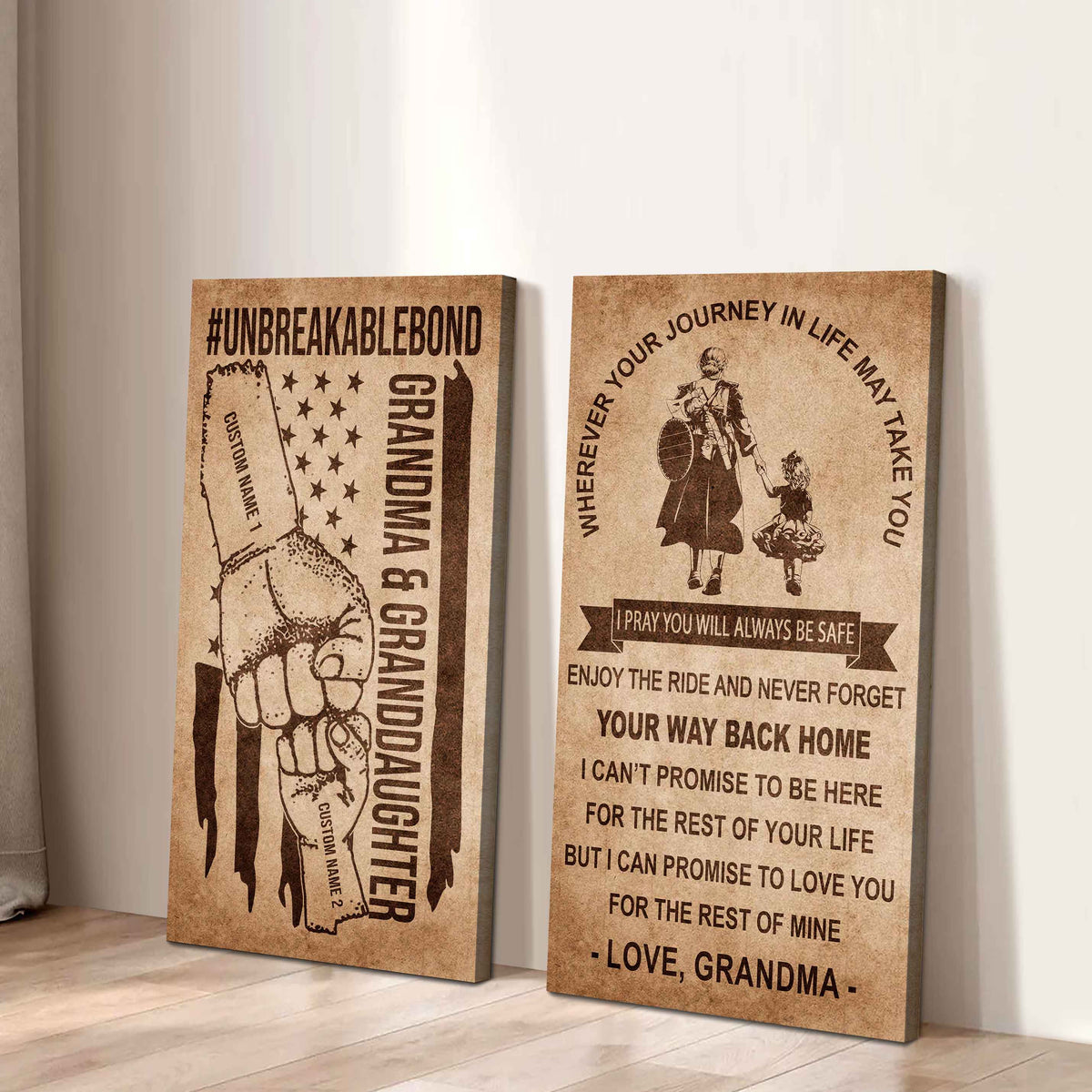 Grandma And Granddaughter UnBreakable Bond - 2 Piece Canvas Wall Art Black Floating Frame - Never Forget Your Way Back Home