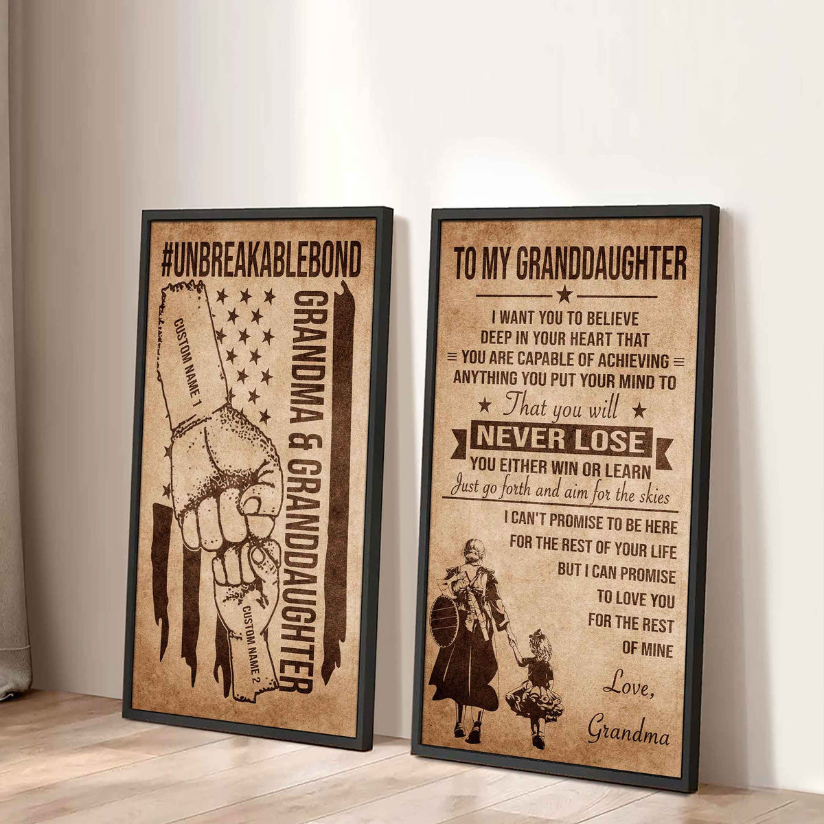 Grandma And Granddaughter UnBreakable Bond - 2 Piece Canvas Wall Art Black Floating Frame - You Will Never Lose You Either Win Or Learn